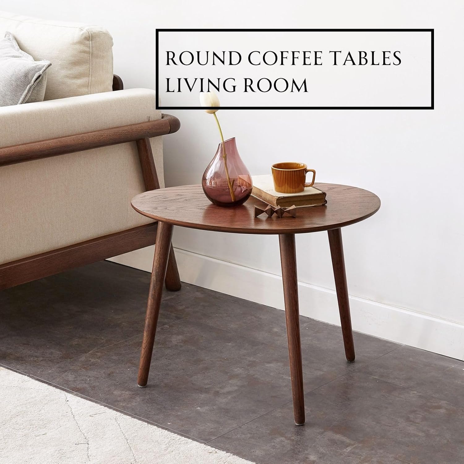 Wayshome Mesa auxiliar anidable 100% de madera de roble macizo, moderna mesa auxiliar ovalada de mediados de siglo, mesa auxiliar redonda para sala
