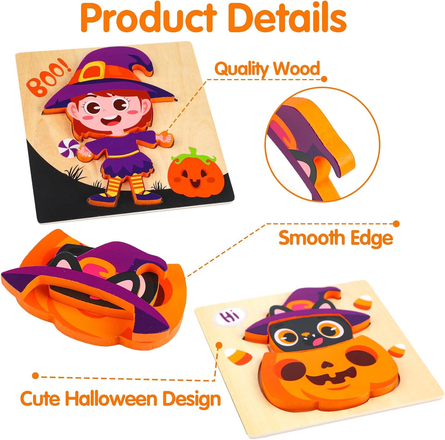 Rompecabezas de madera de Halloween para niños pequeños, paquete de 4 rompecabezas de madera de bruja fantasma calabaza para niños, relleno de