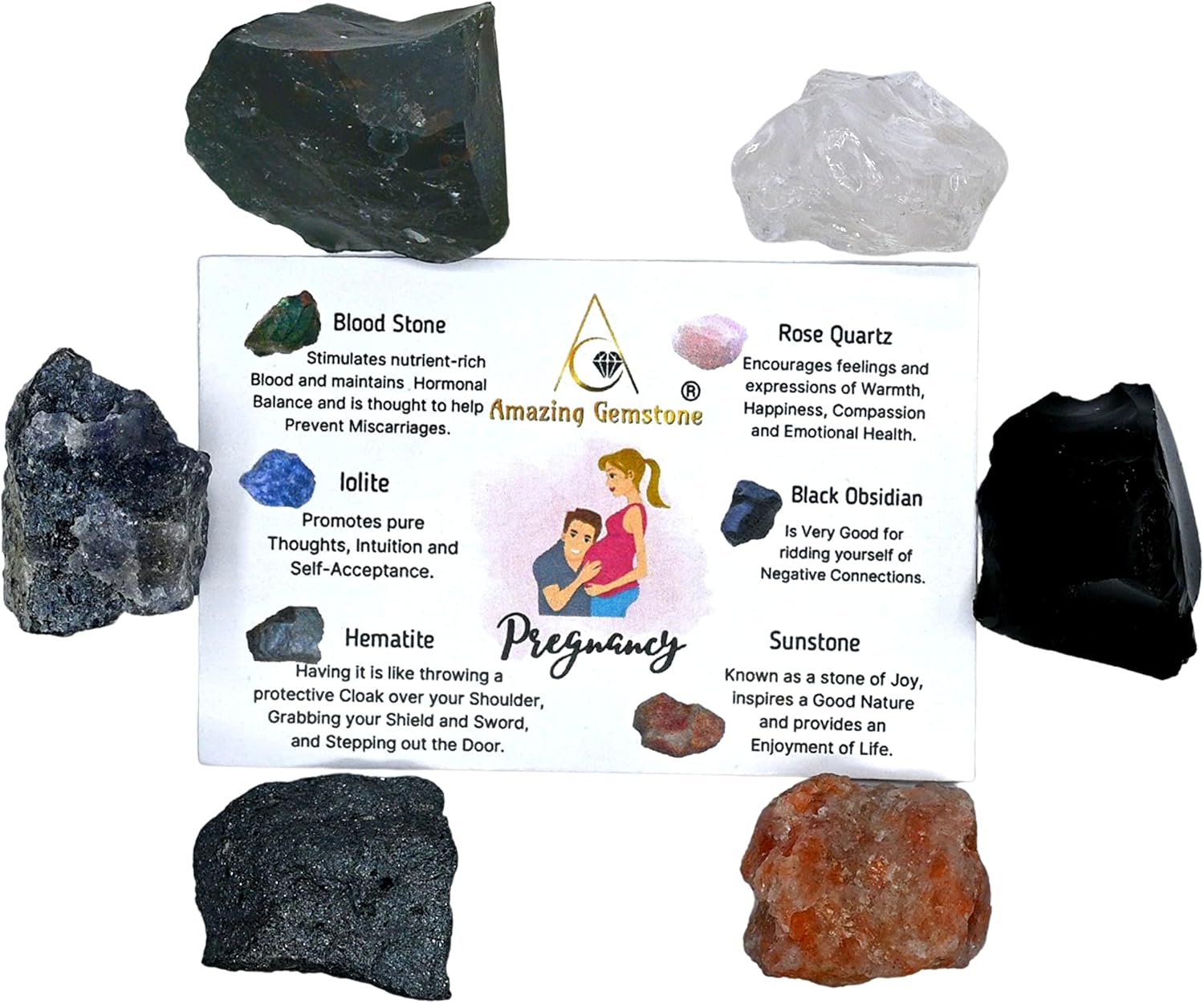 Cristales para el embarazo, juego de 6 piedras de sangre, iolita, hematita, cuarzo rosa, obsidiana negra y cristales curativos y piedras solares