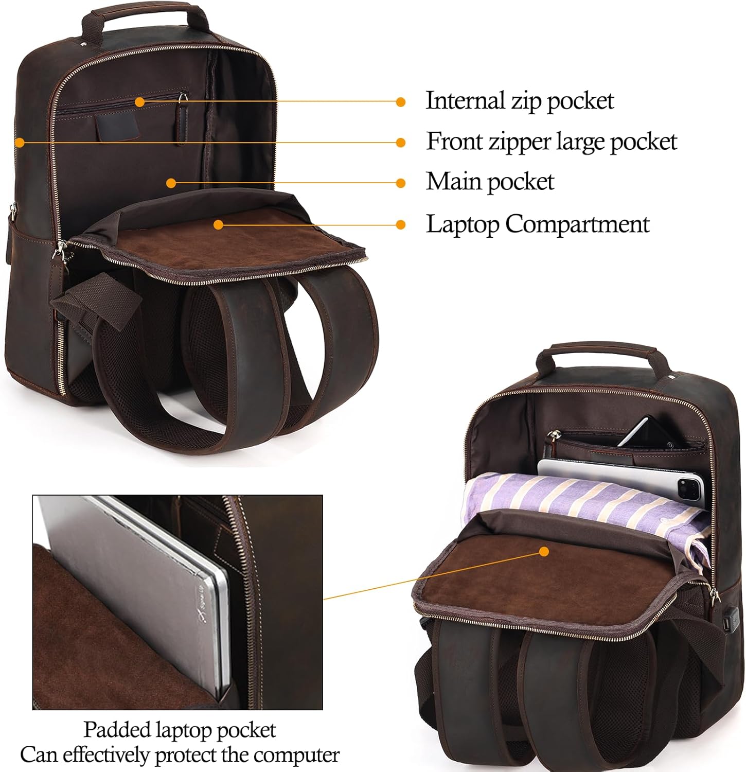 Mochila de cuero para computadora portátil para hombre, viaje de negocios, mochila de hombro de gran capacidad con puerto de carga USB, bolsas de