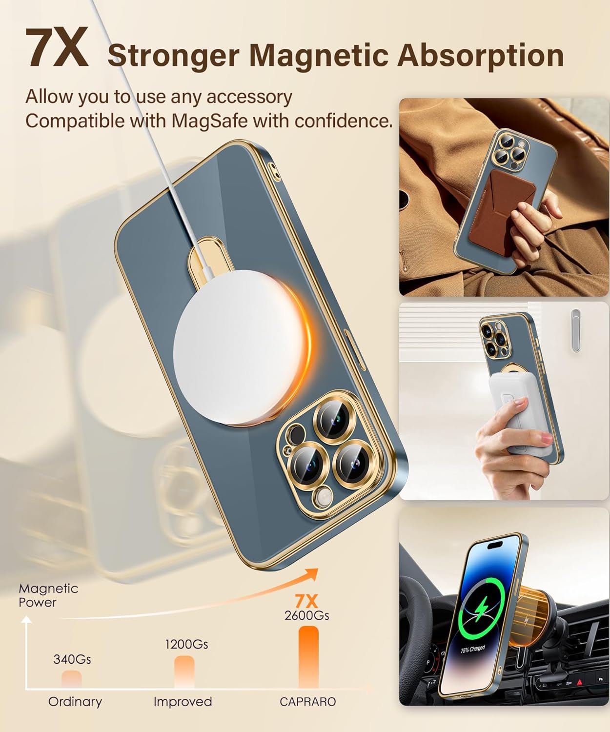 CAPRARO Funda para iPhone 15 Pro Max con soporte magnético invisible, compatible con MagSafe protección militar contra caídas Funda protectora