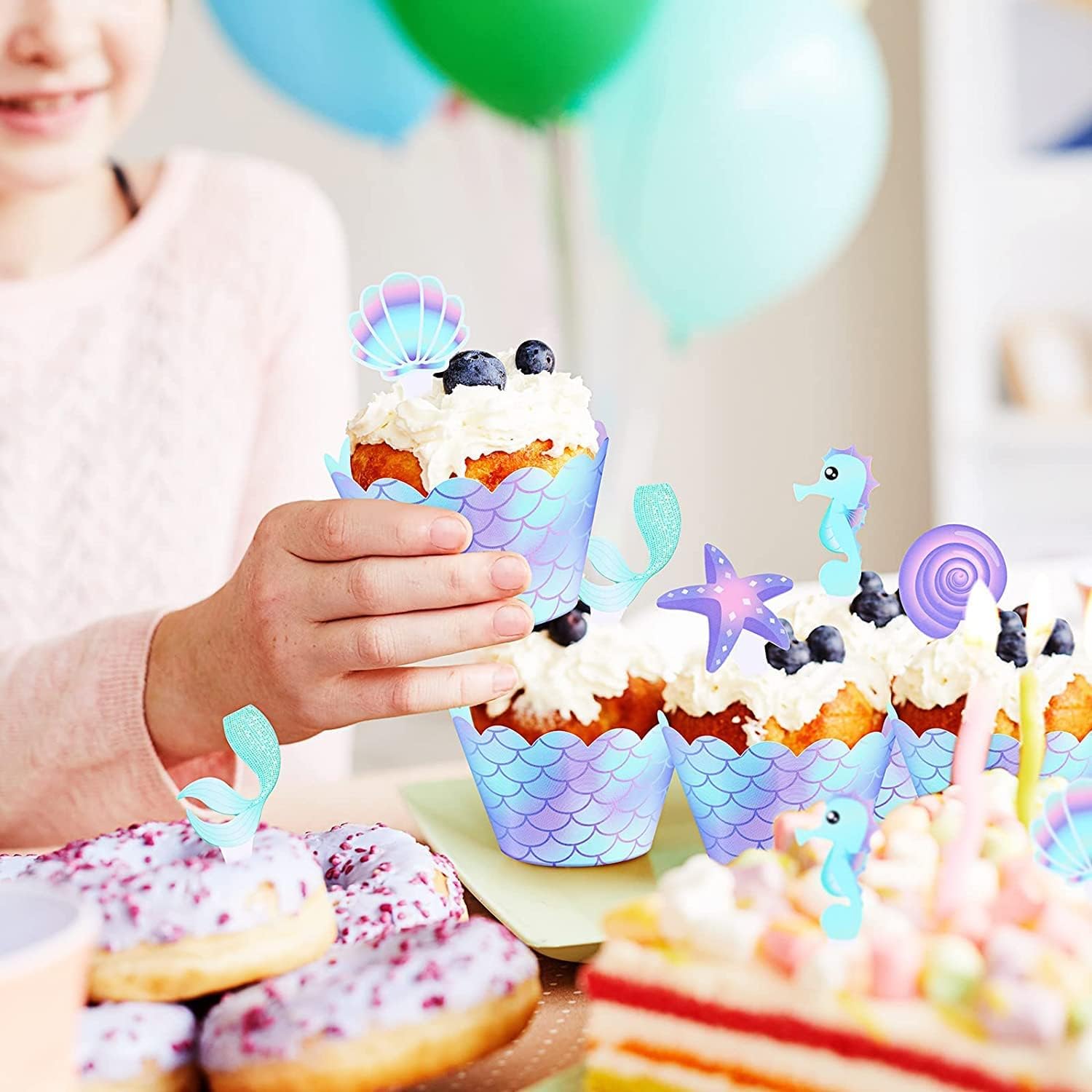 40 adornos y envoltorios para cupcakes de doble cara de sirena, decoración temática de sirenita para baby shower, bajo el mar, fiesta de cumpleaños