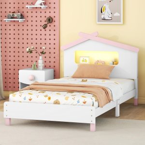 Cama de plataforma individual con luces LED, cama individual de madera para niños con cabecera en forma de casa, marco de cama de casa de tamaño Cama de plataforma individual con luces LED, cama individual de madera para niños con cabecera en forma de casa, marco de cama de casa de tamaño