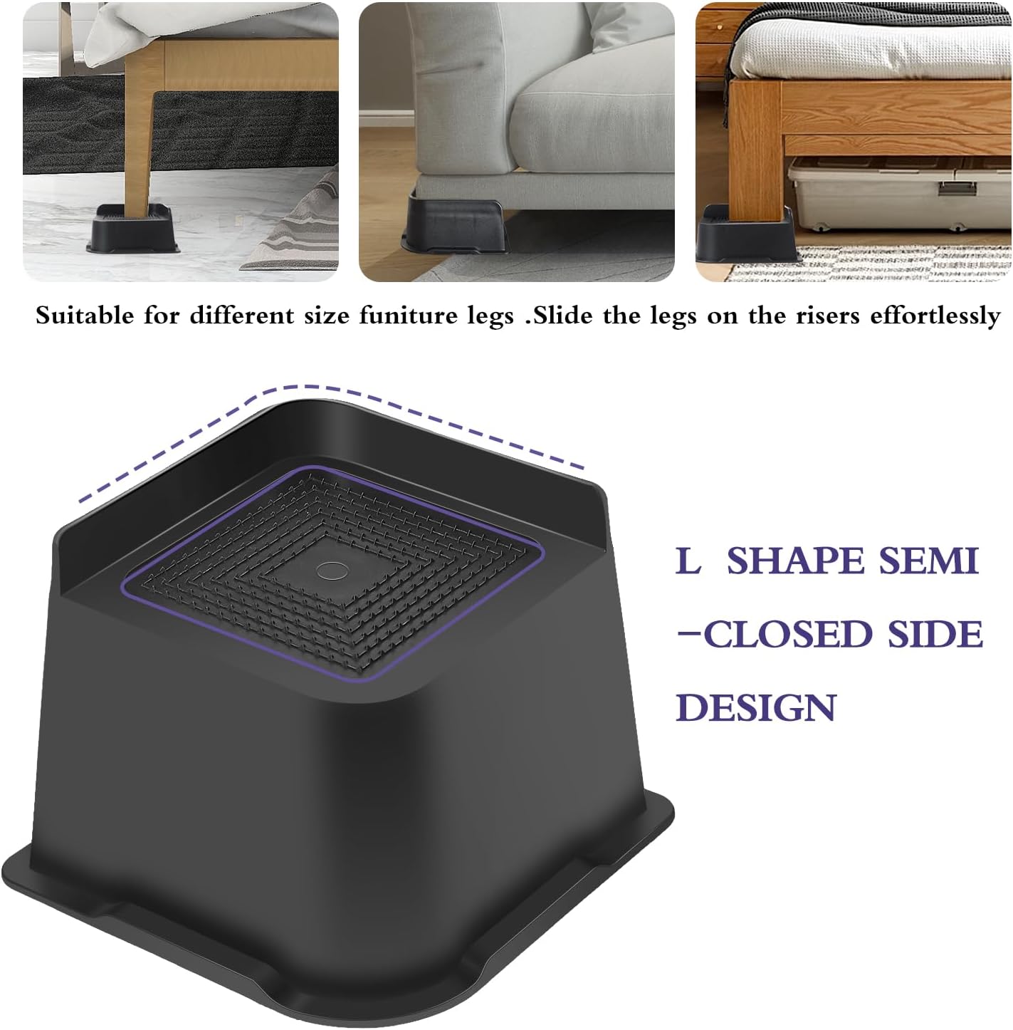 Sunifier Elevadores de cama de 4 pulgadas, resistentes, paquete de 4 unidades, elevadores de muebles en forma de L de 4 pulgadas, soporta 5000