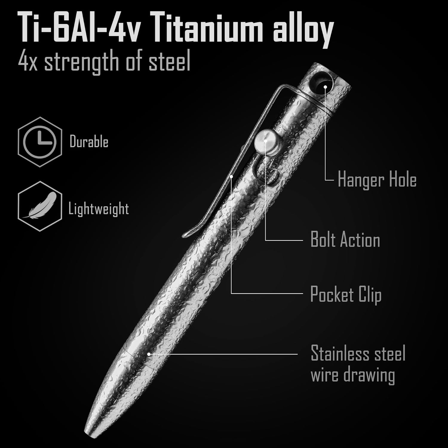 KeyUnity KP03ST Bolt Action Pen with Clip, Titanium Alloy EDC Pocket Pen Retractable Metal Ballpoint Pen for Everyday Carry