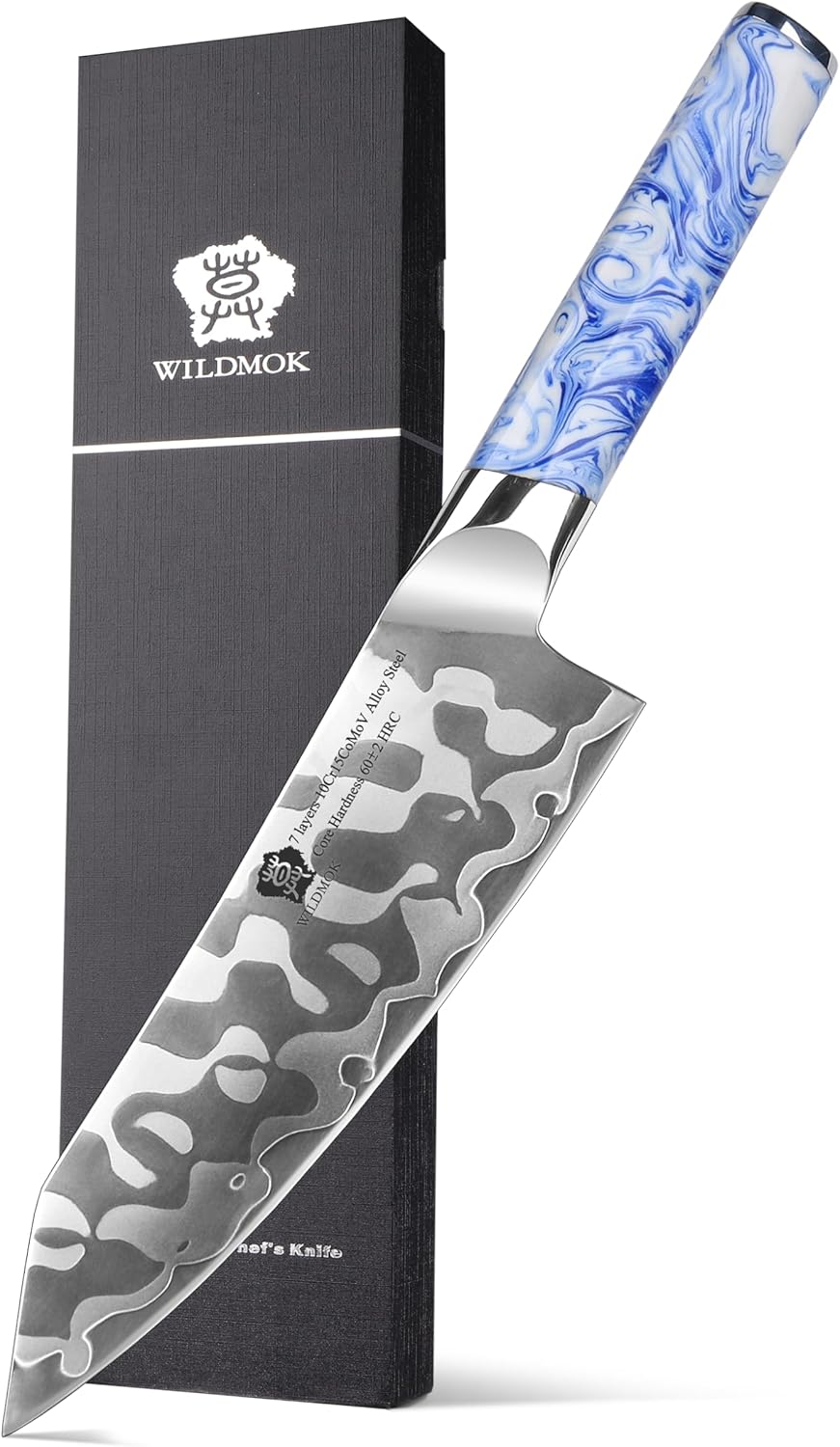 WILDMOK Santoku – Cuchillo de cocina japonés de acero aleado de 7 pulgadas, 7 capas, cuchillo de cocina ultra afilado con mango de resina