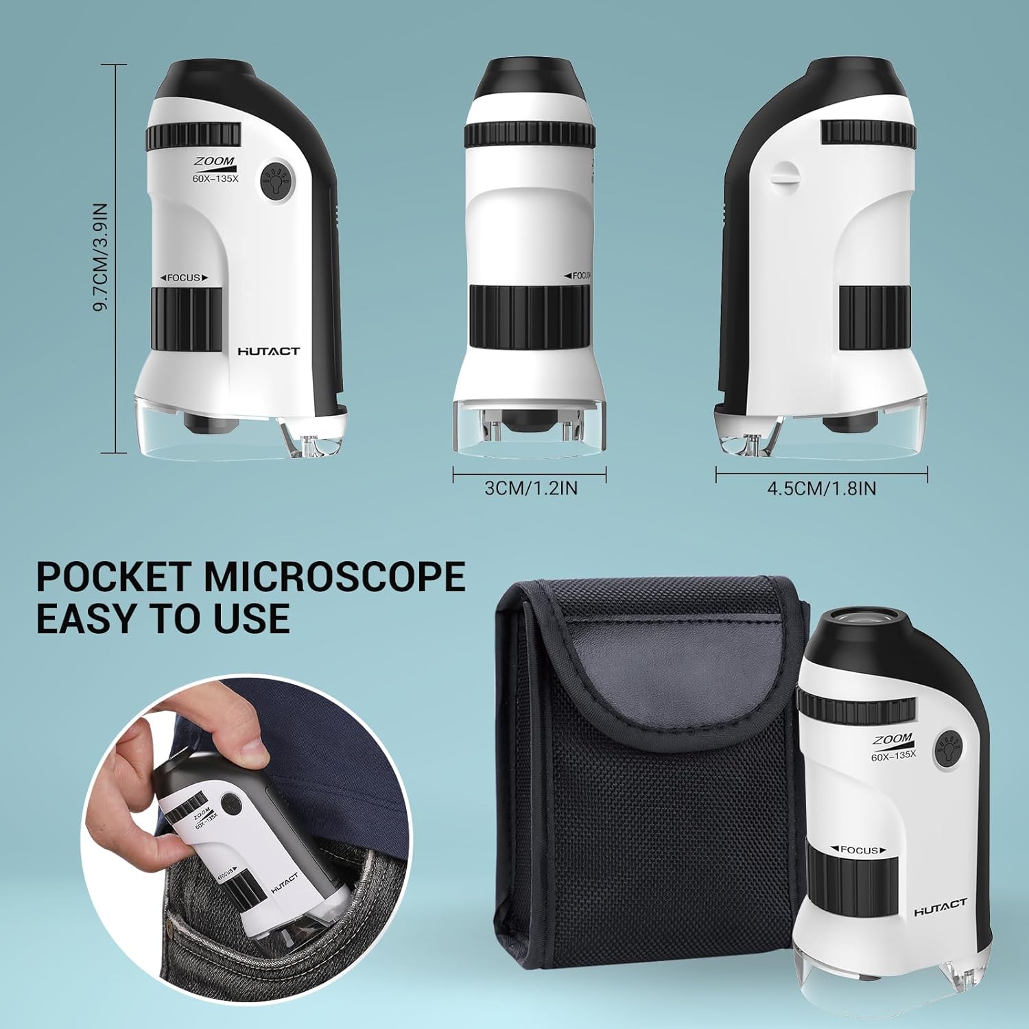 HUTACT Microscopio de bolsillo para niños, mini microscopio portátil 60X-135X con 5 diapositivas de microscopio, microscopio de mano para niños