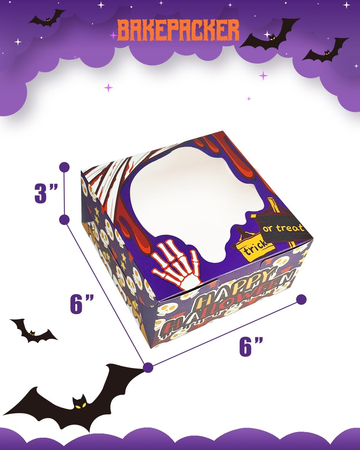 60 cajas de panadería de Halloween con ventana de 6 x 6 x 3 pulgadas de grosor y resistentes cajas de pastelería de macarrones para panadería