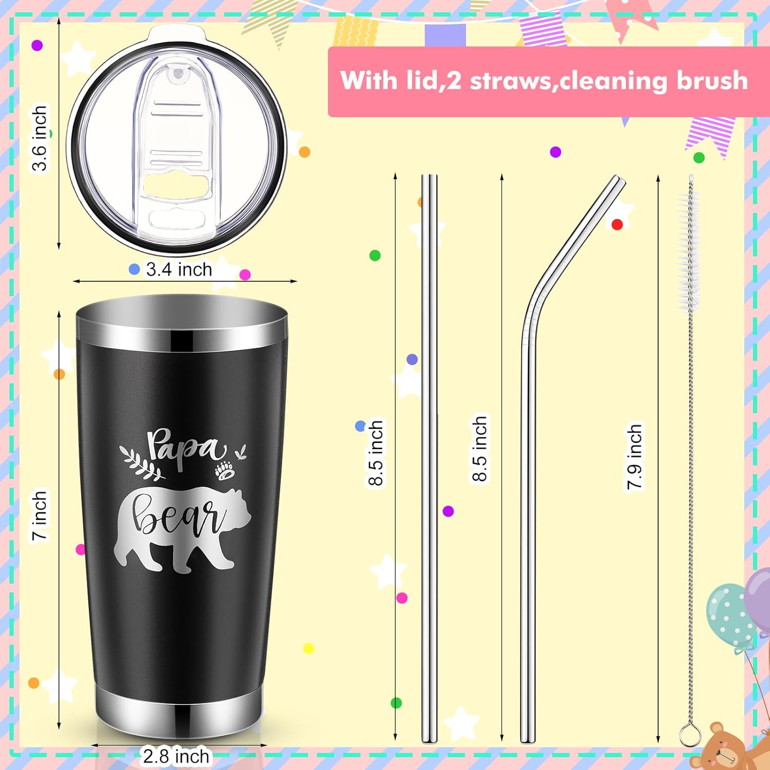 Ziliny Juego de 2 vasos con aislamiento de acero inoxidable de 20 onzas con tapa para pajitas, regalos para papá, mamá, pareja, papá, mamá,
