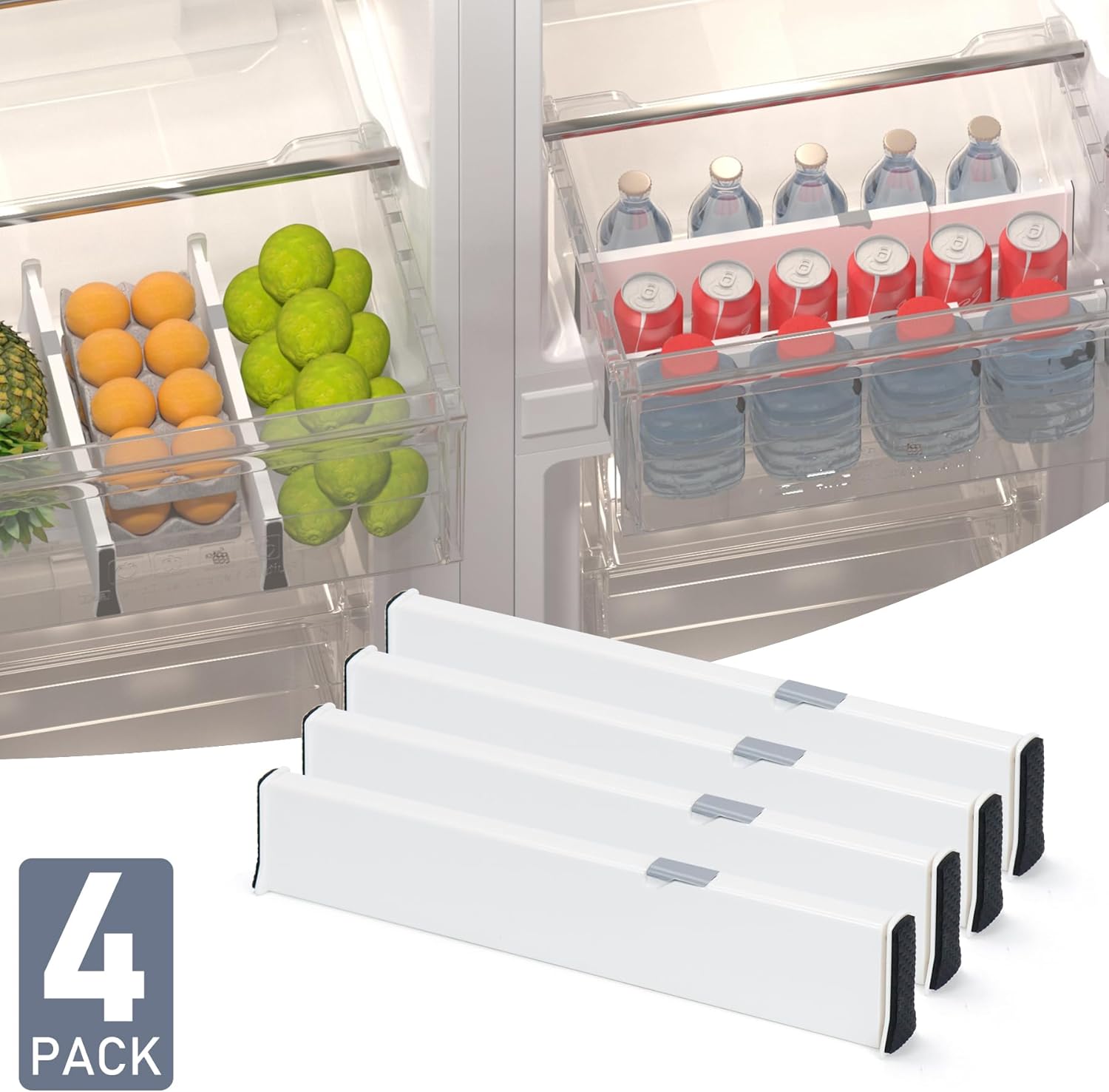 Organizador de separadores de refrigerador, paquete de 4 unidades, divisor de cajón ajustable de 4 pulgadas de alto, separadores expandibles,