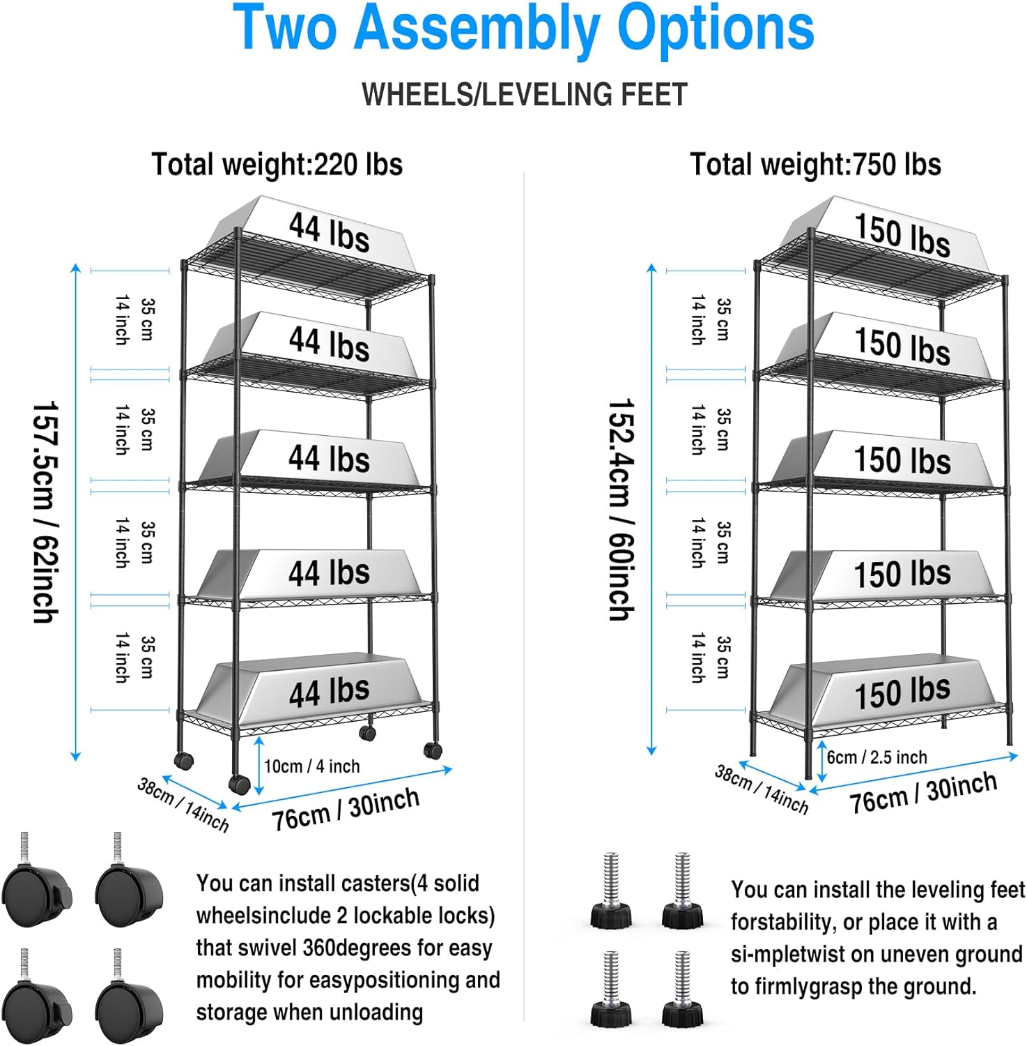 Estantería de alambre NSF de 5 niveles, 14 x 30 x 60 pulgadas, capacidad de 750 libras, estante de metal de almacenamiento ajustable con ruedaspatas