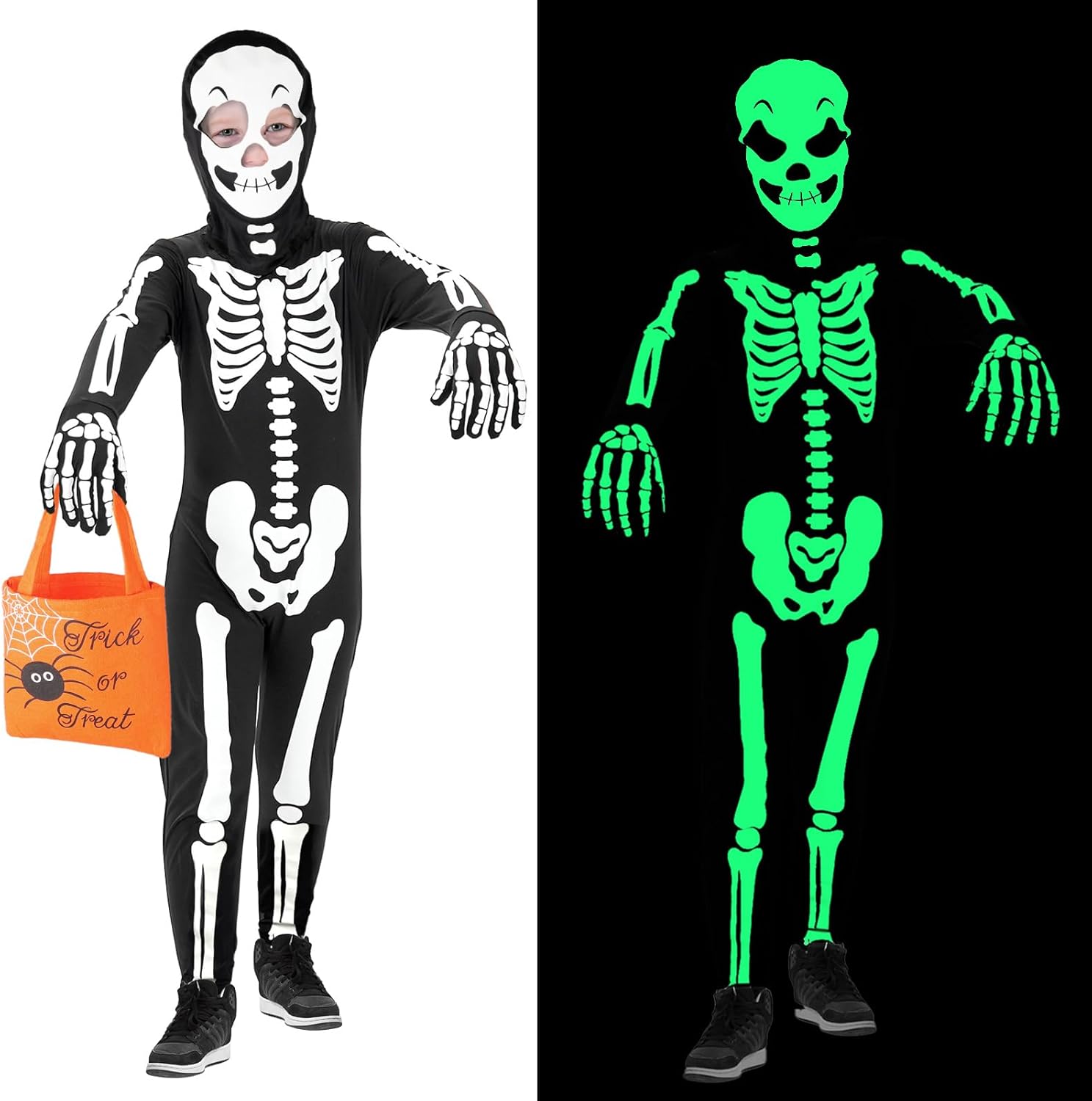 FAYBOX Disfraz de esqueleto para niños, disfraz de Halloween que brilla en la oscuridad, disfraz de esqueleto para niños pequeños