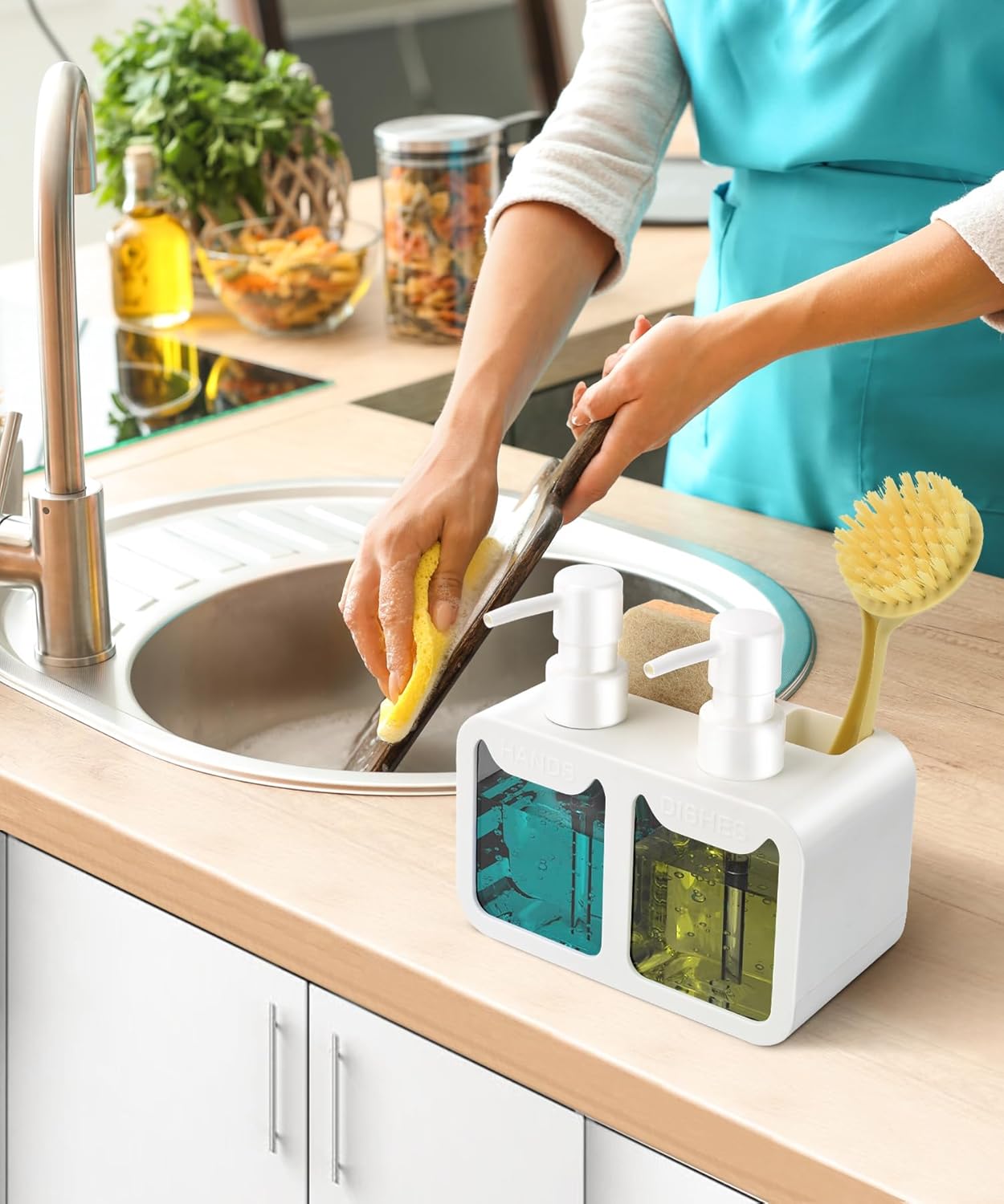 Juego de dispensador de jabón de manos y jabón para platos, dispensador de jabón doble con organizador de esponja y soporte para cepillo,