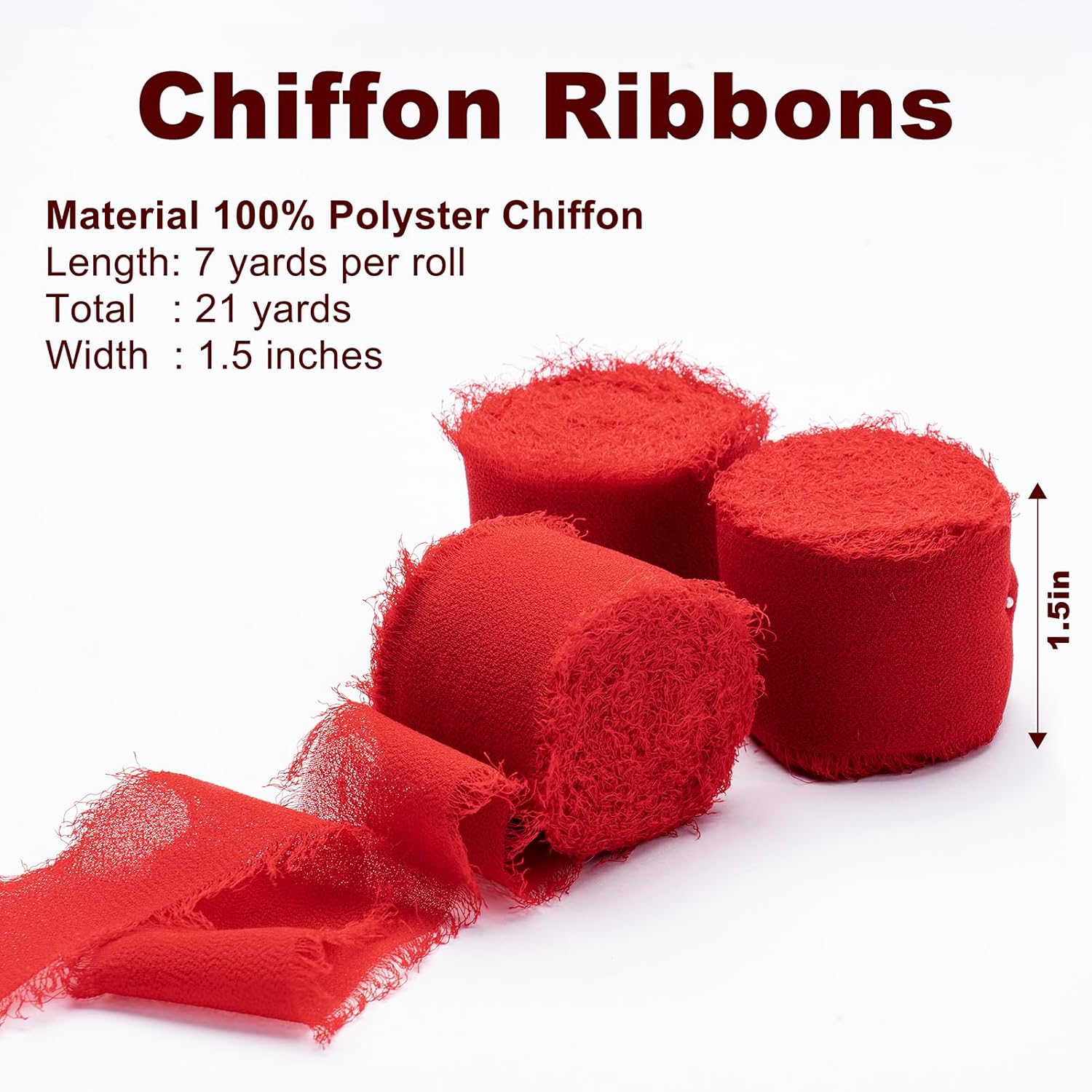 Cinta de gasa, 3 rollos de cinta de gasa roja hecha a mano con flecos de seda de 1.5 pulgadas x 7 yardas, juego de cintas para invitaciones de boda,