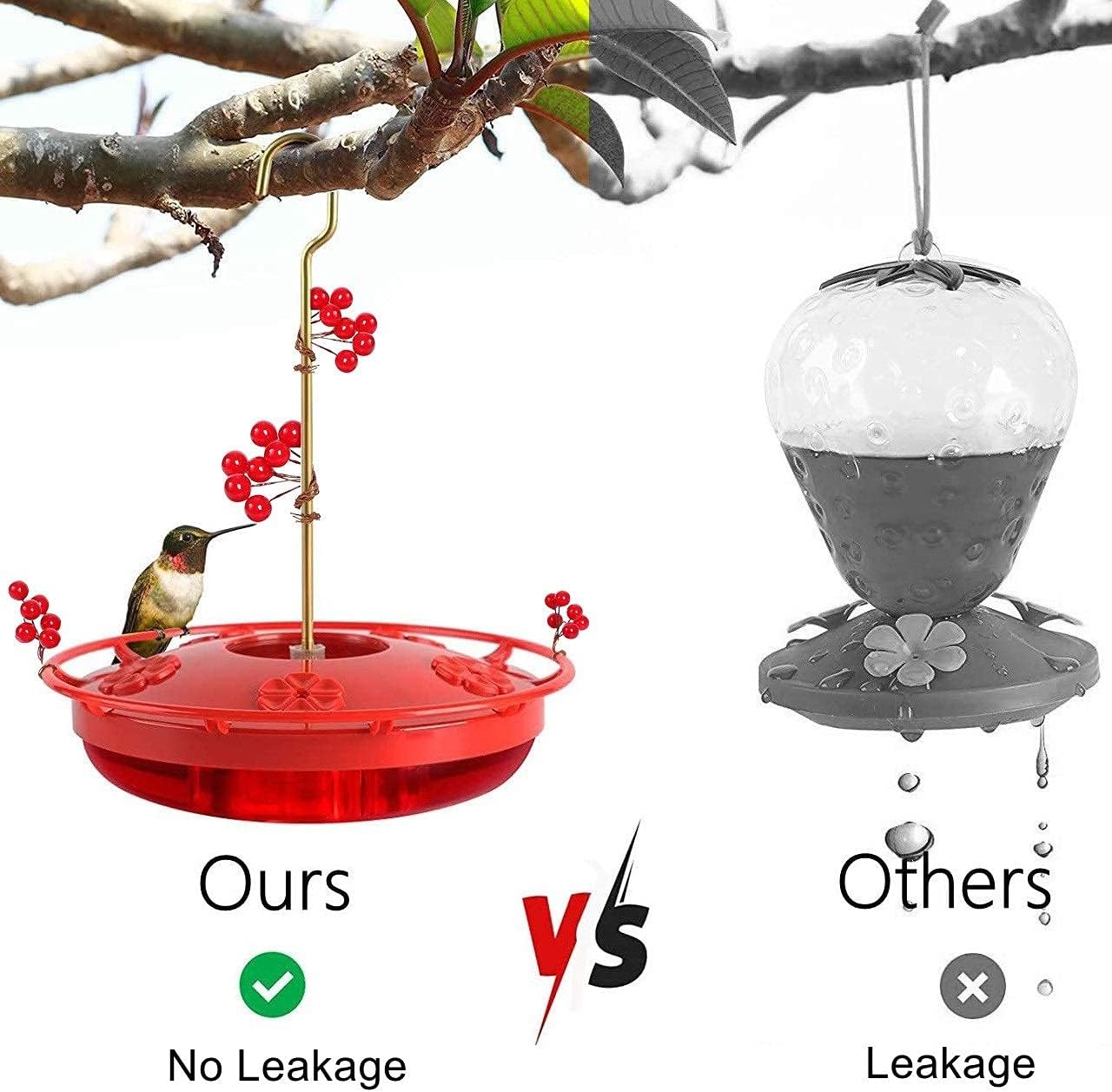Comedero para colibríes a prueba de abejas con protector de foso de hormigas, comedero rojo para colibríes para colgar al aire libre, sin fugas,