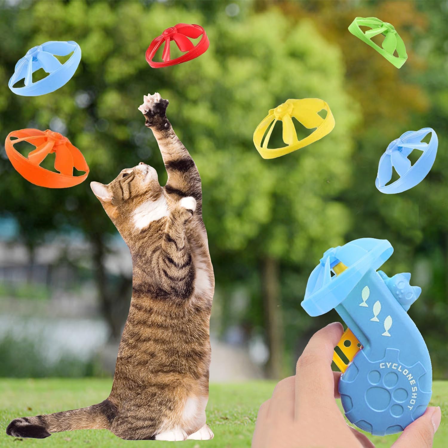 12 piezas de juguetes para gatos voladores, lanzador de platillos para interiores, juguetes de disco para entrenamiento con hélices coloridas