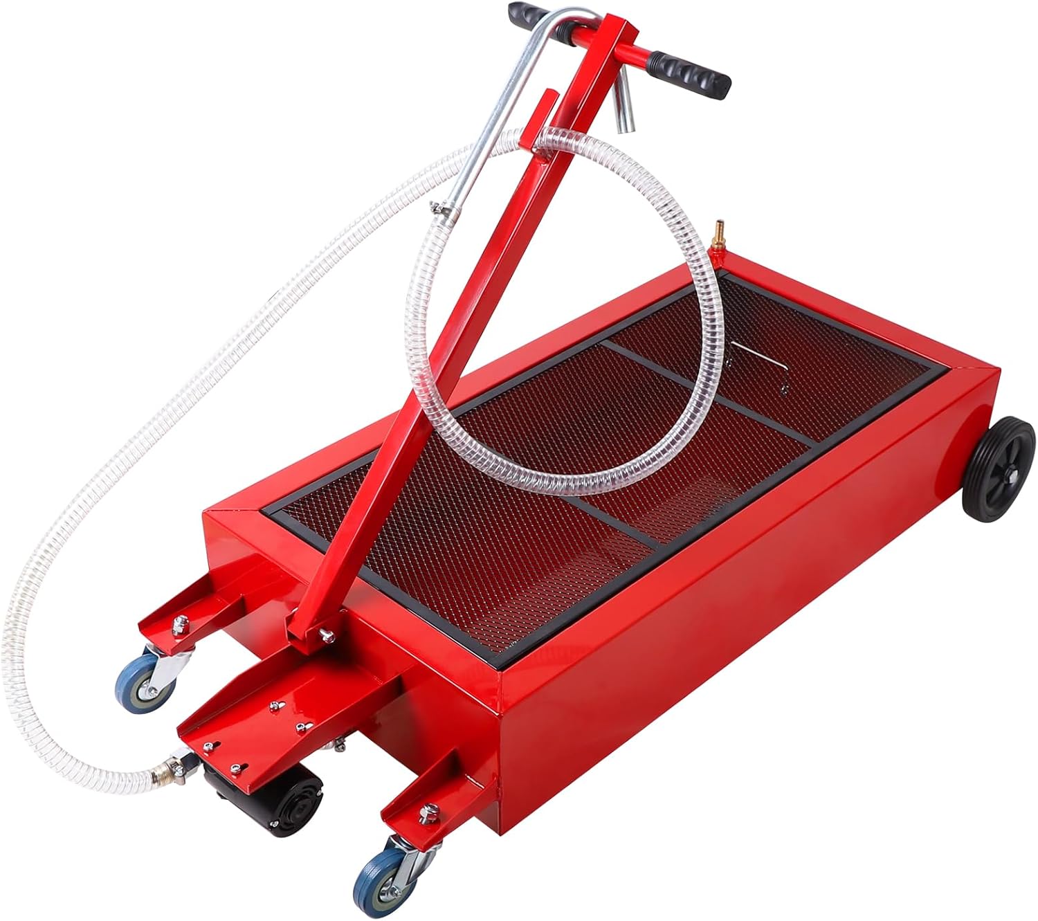 Sartén de drenaje de aceite de perfil bajo de 20 galones con bomba eléctrica de 110 V, manguera de 8 pies para camiones, automóviles, SUV, color rojo
