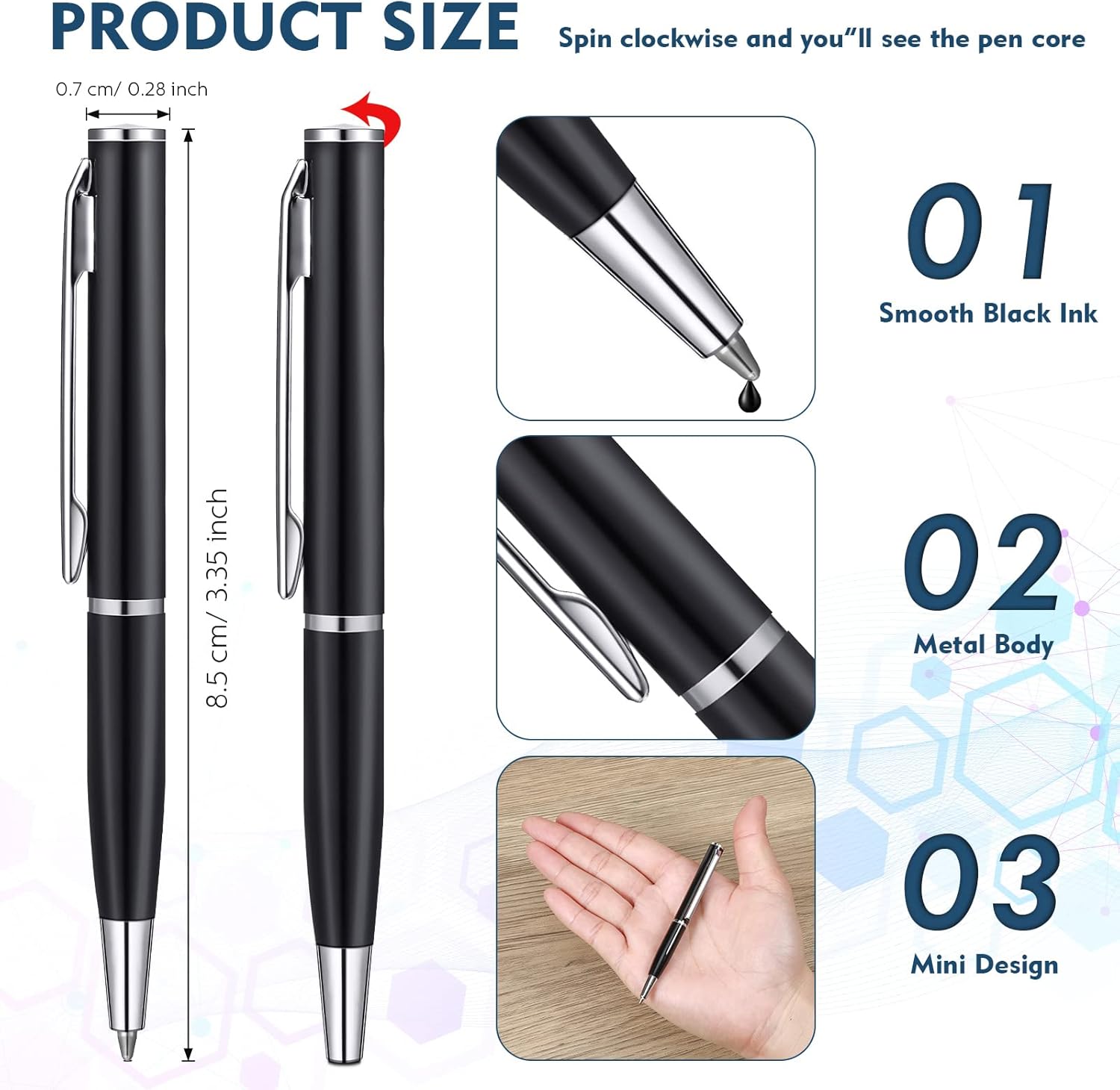 24 mini bolígrafos pequeños, bolígrafos cortos, mini bolígrafos de metal, bolígrafo pequeño de acero inoxidable con accesorios de cobre para