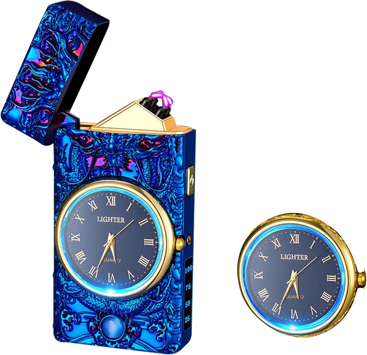 Faro de reloj, encendedor eléctrico, encendedor de plasma de doble arco, encendedor USB recargable con pantalla de batería, encendedor fresco con