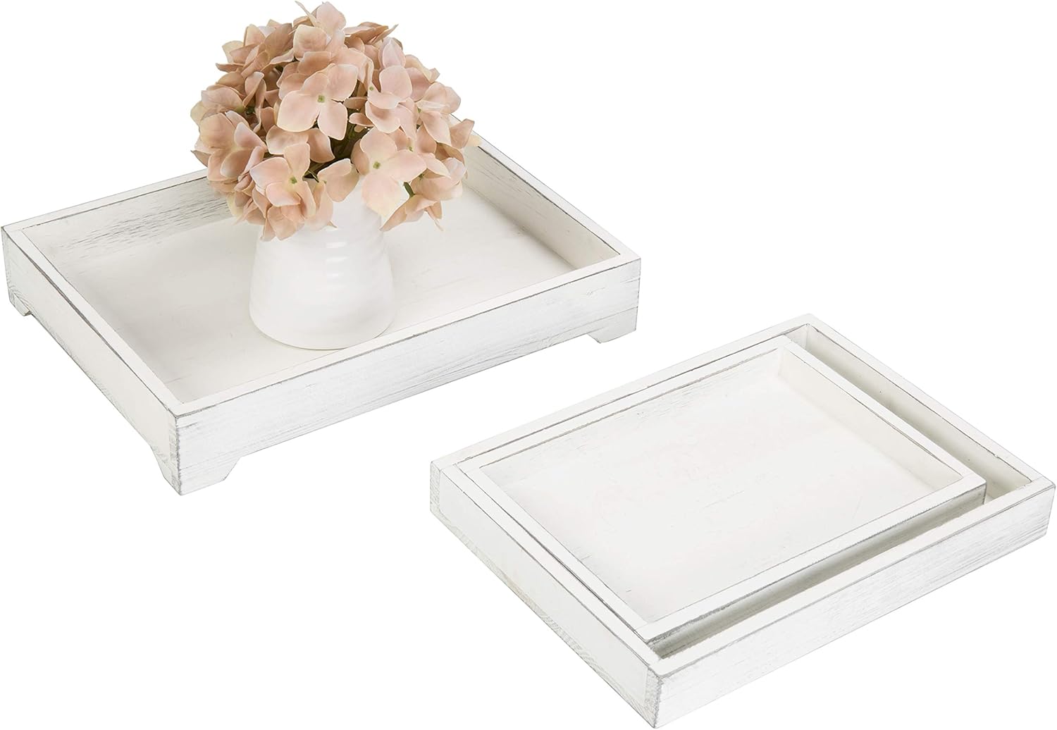 MyGift Bandeja decorativa de madera blanca vintage, bandeja de servicio de madera de 3 piezas, bandeja de mesa de café otomana de exhibición