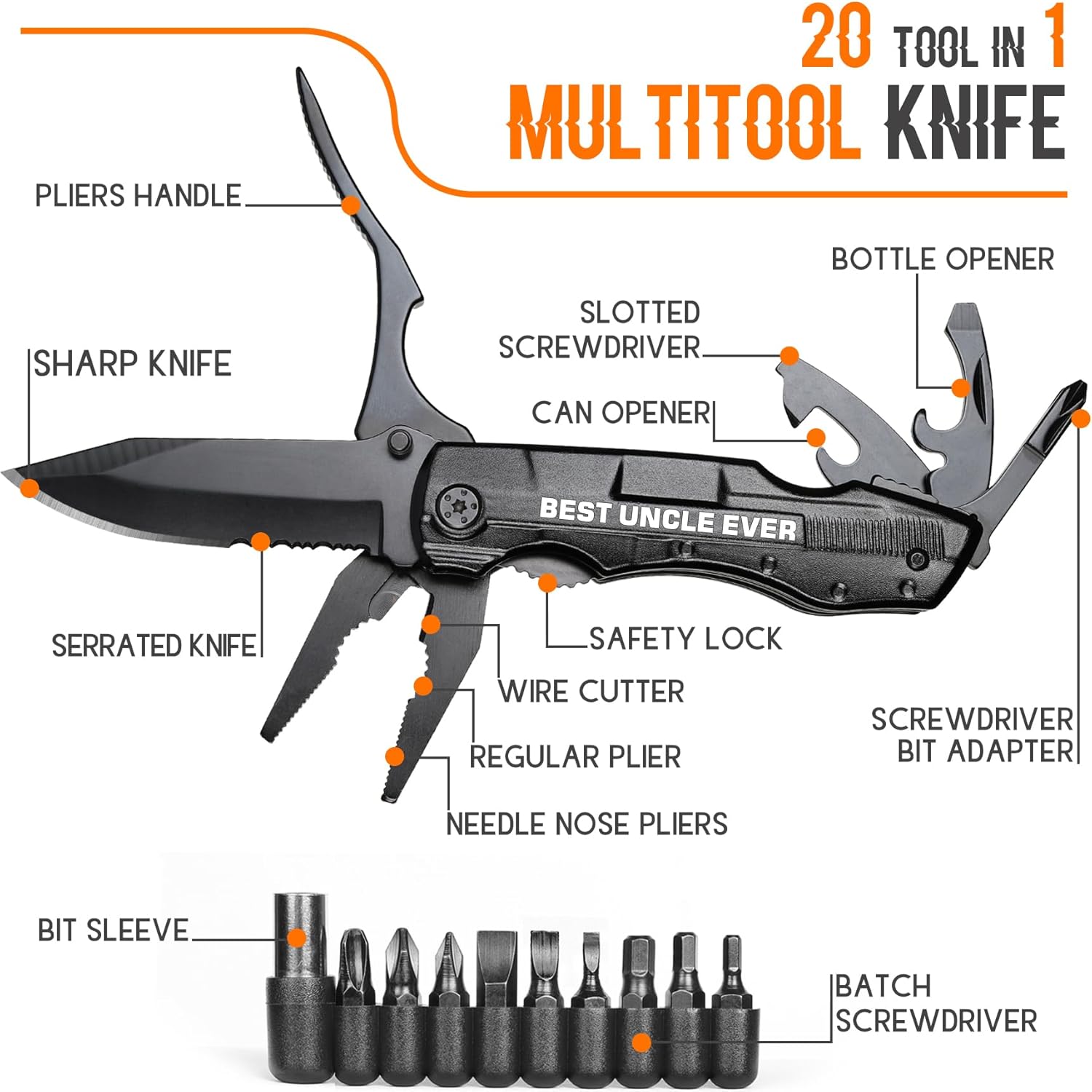 Regalos para tíos, cuchillo multiherramienta “Best Uncle Ever”, rellenos de calcetines para tío, regalos de cumpleaños para tío, regalos para el