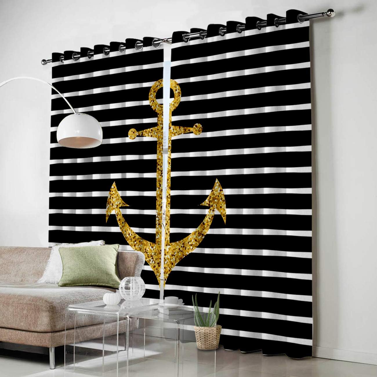 Blackout Curtains Thermal Insulated Gold Anchor on The Black Stripes Solid Pattern Metal Grommet Elegant Room Drapes Window Curtain for Bedroom