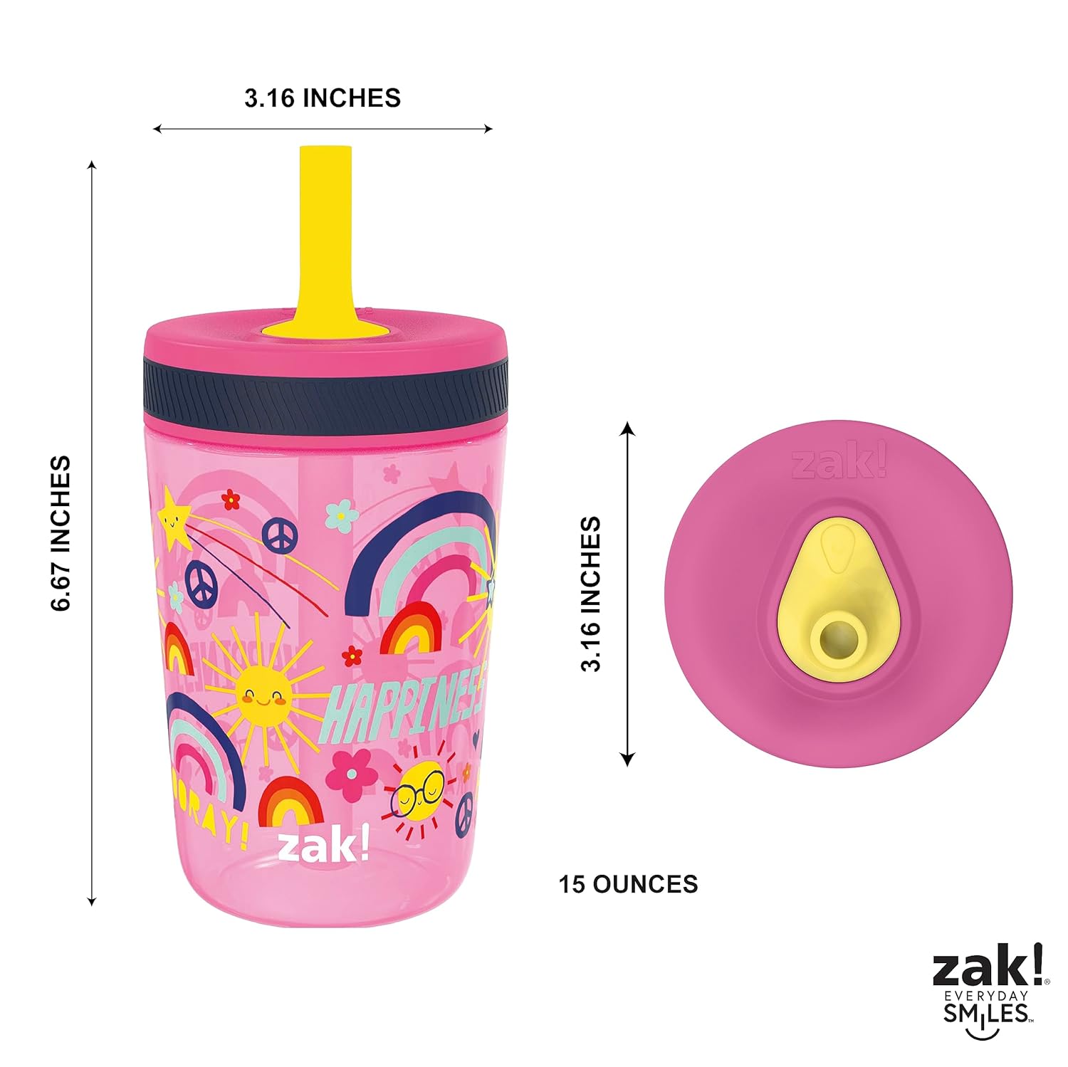 Zak Designs Kelso – Juego de vasos de 15 onzas, (Starpower) sin BPA a prueba de fugas con tapa de rosca con pajilla, hecho de plástico duradero y