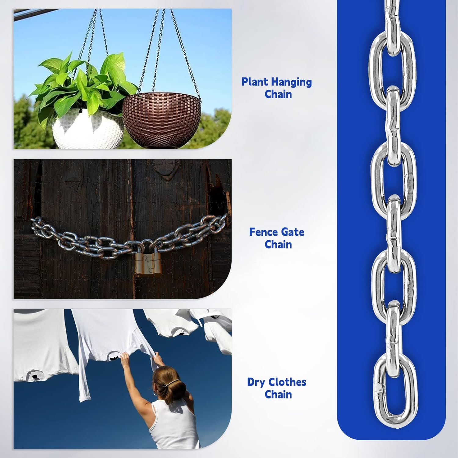 Kyuionty 2 cadenas de eslabones de acero inoxidable de 532 x 39 pulgadas, cadena de bobina de metal para plantas colgantes, campamento, colgar ropa