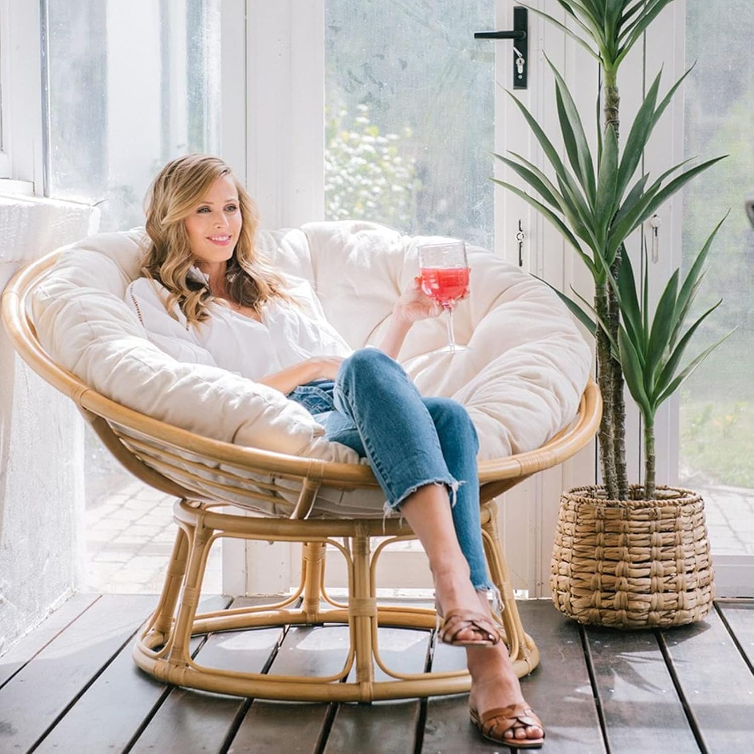 Papasan – Cojines redondos para silla + cojín para reposapiés Papasan, cojín para taburete Papasan, cojín impermeable para silla de columpio para