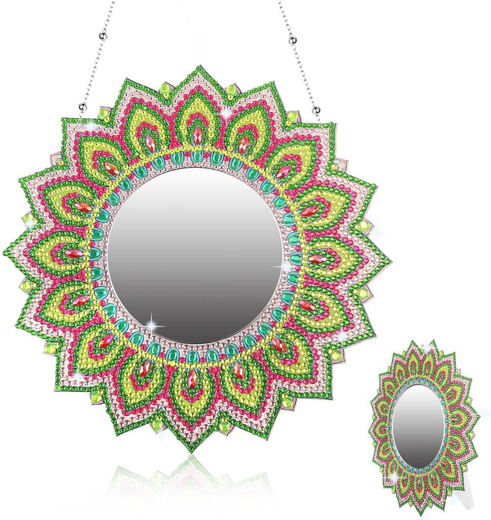 Youteer Espejo de pintura de diamante DIY, kit de espejo de maquillaje de mandala para adultos y niños, suministros de arte de diamantes para