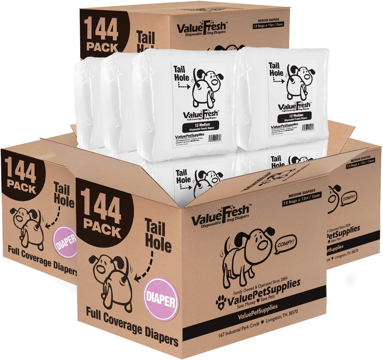 ValueFresh – Pañales desechables para perras, mediano, paquete a granel de 576 unidades, cobertura completa con orificio para la cola, cierres sin
