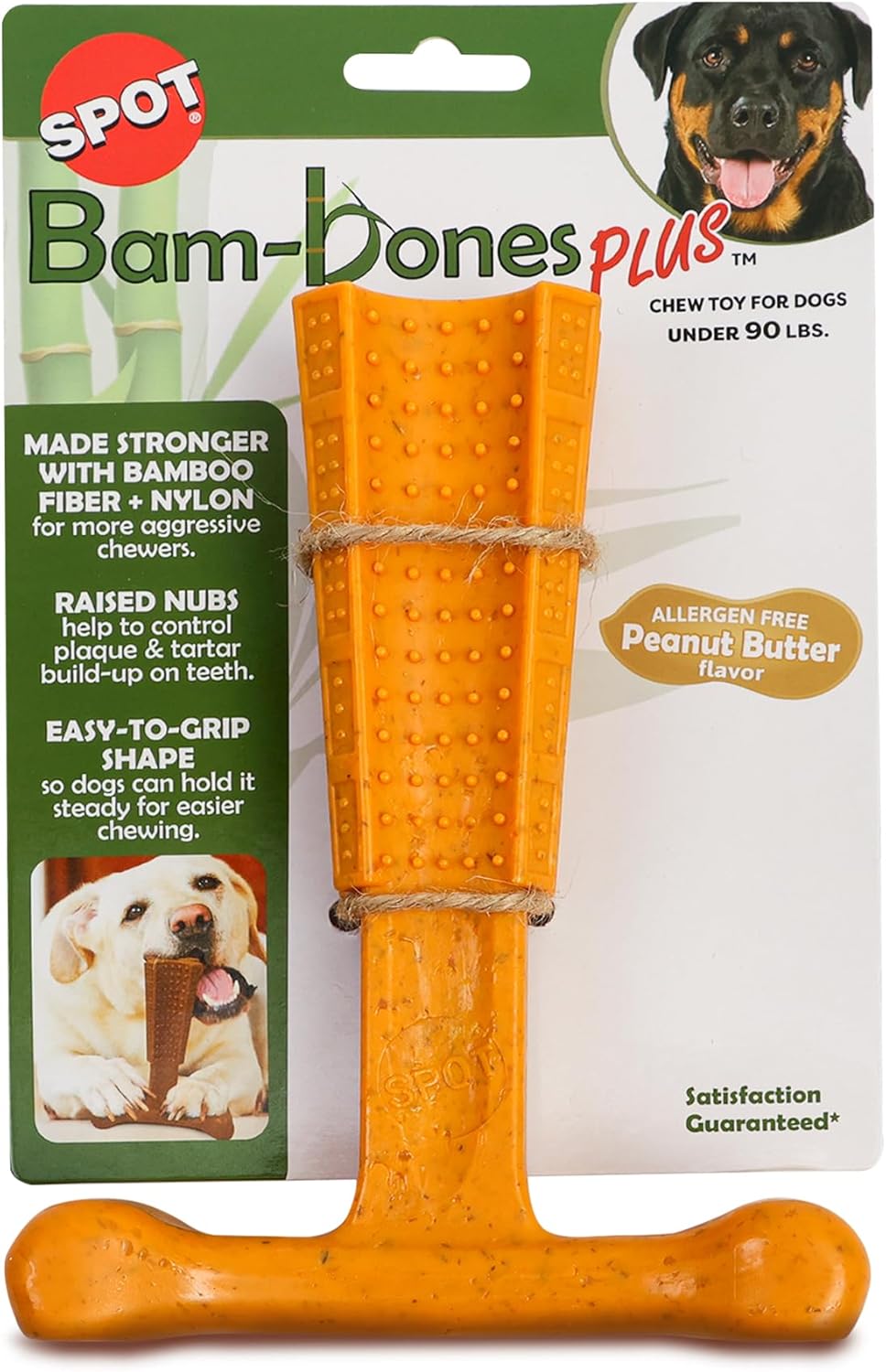 SPOT Bam-Bones Plus T Bone – Fibra de bambú y nailon, masticable duradero para perros masticadores agresivos – Juguete para perros y cachorros de