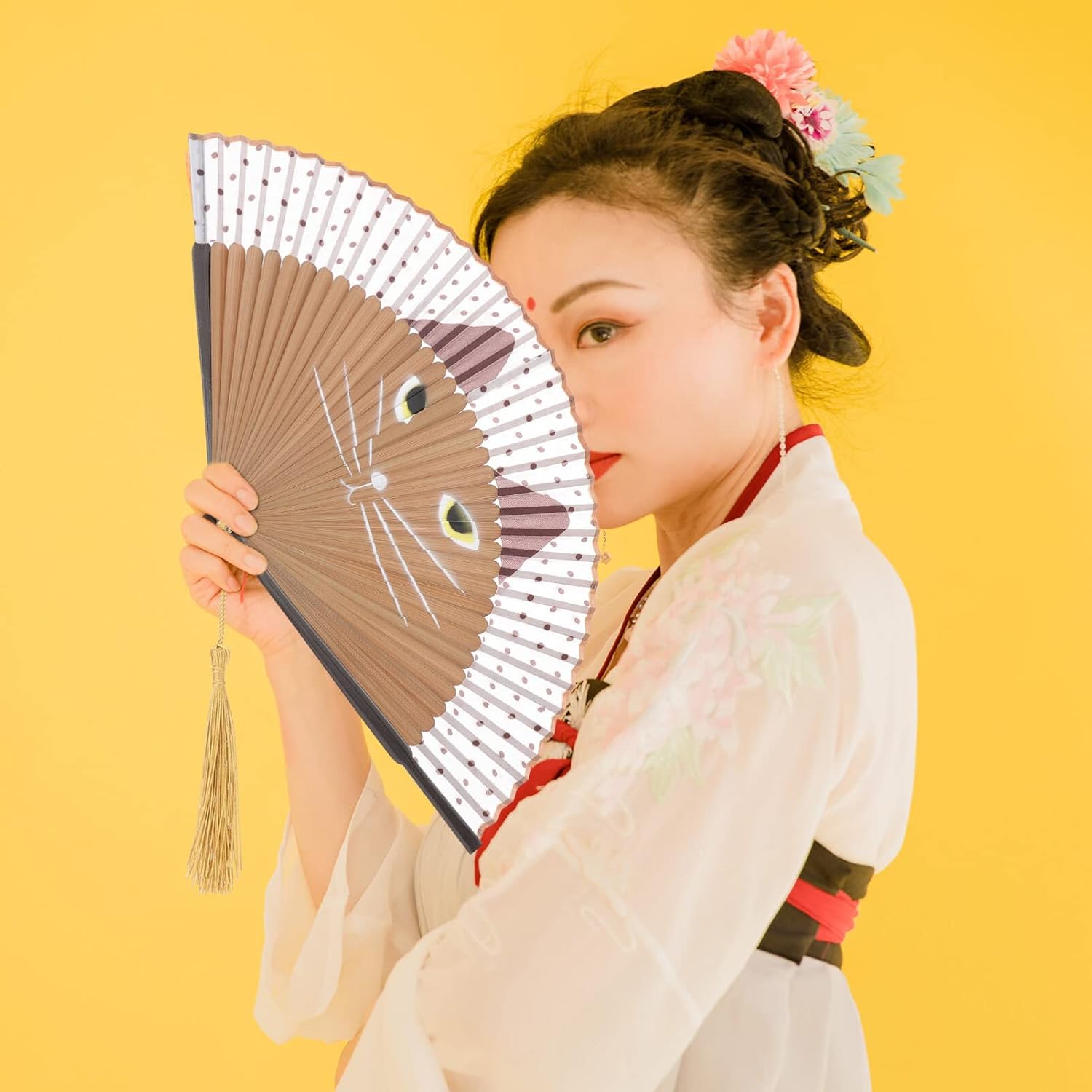 Beaupretty Ventilador plegable de mano, abanicos plegables de mano con borlas, abanicos de mano para mujeres, ventilador plegable de gato de dibujos