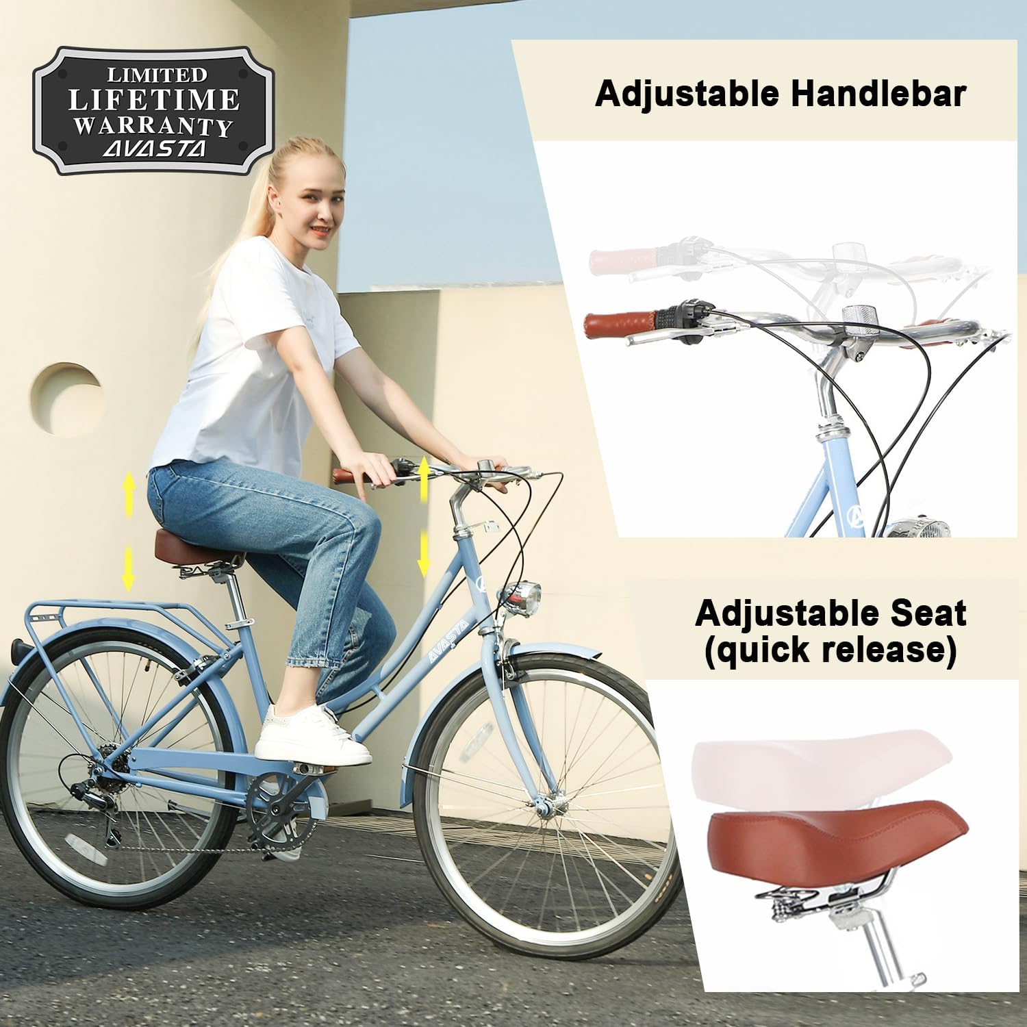 AVASTA Bicicleta híbrida para mujer, ligera, de 26 pulgadas, para ciudad, cómoda, para mujer, 6 velocidades, varios colores