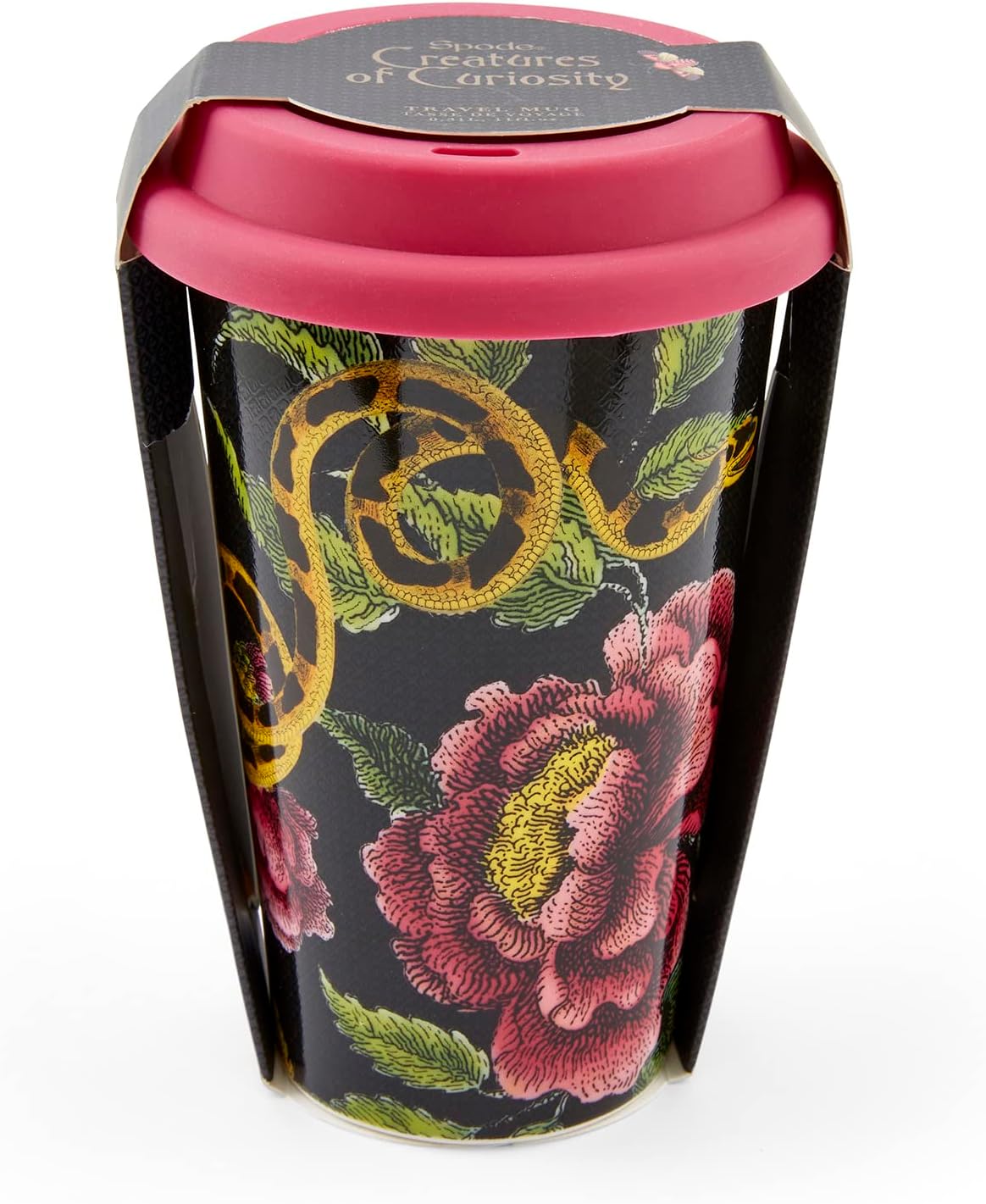 Spode Creatures of Curiosity Collection – Taza de viaje con tapa, vaso para café y té, taza de agua, 10 onzas, diseño floral oscuro, apto para