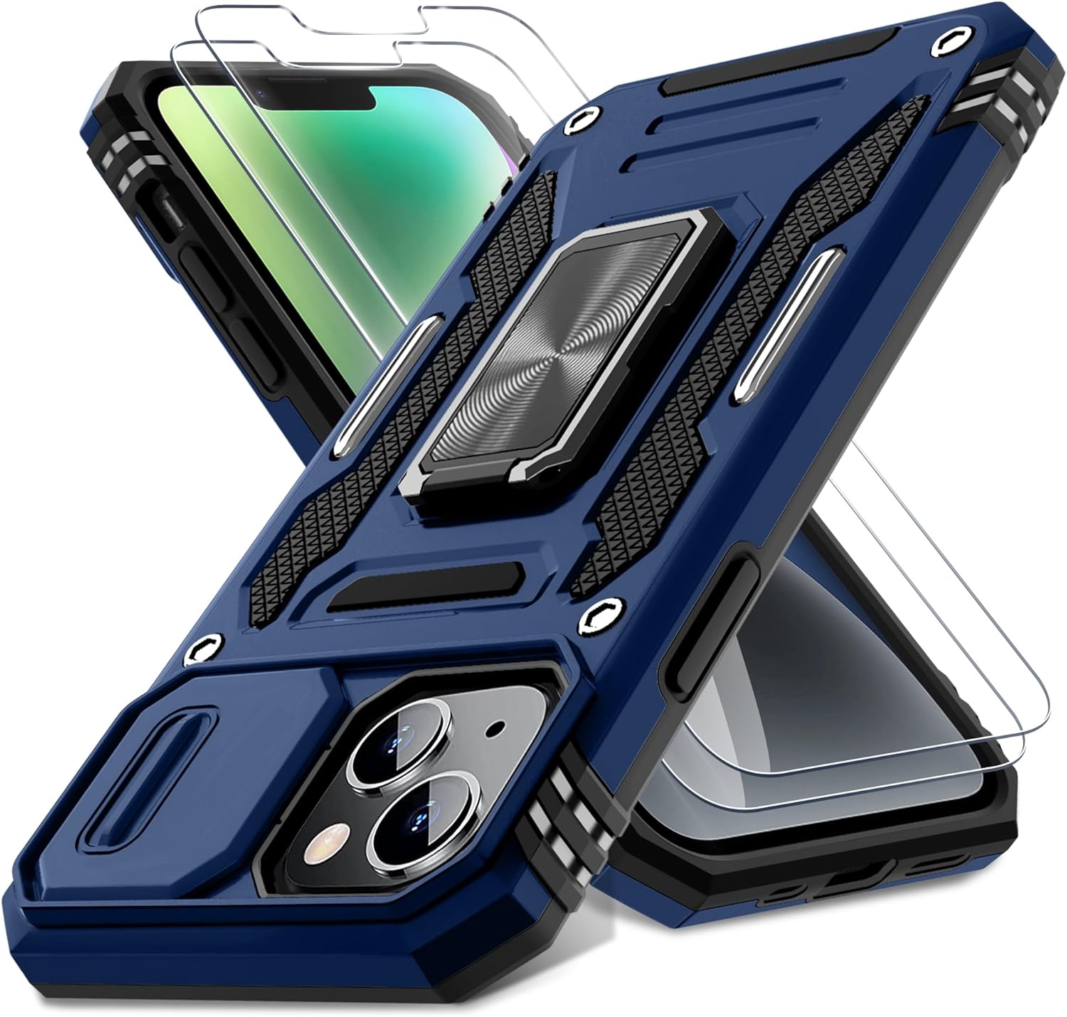 DEERLAMN Funda para iPhone 13, iPhone 14 con cubierta deslizante para cámara + protector de pantalla (2 unidades), soporte de anillo giratorio de