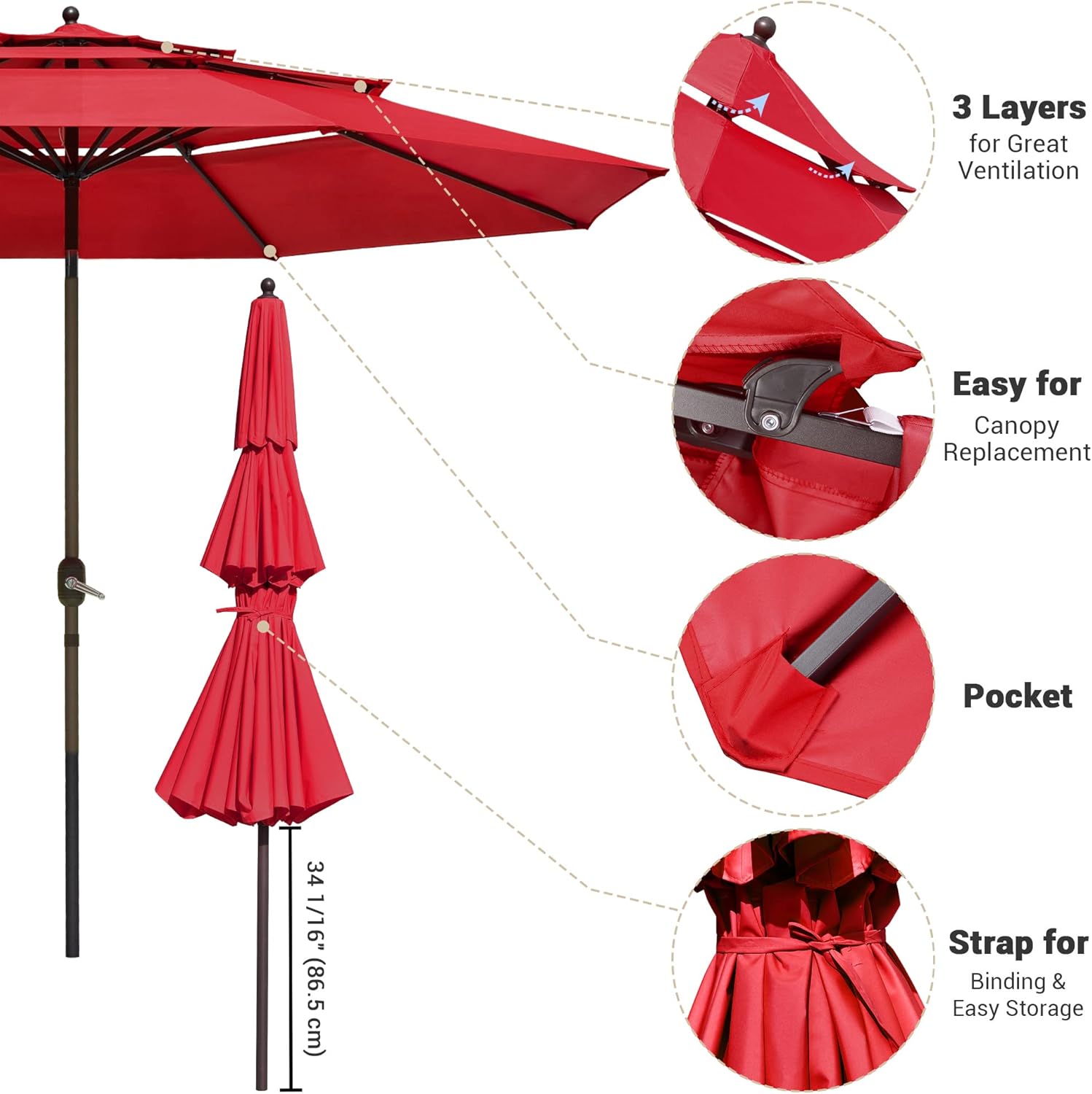 Yescom UV70+ – Sombrilla de patio de 3 niveles de 11 pies con manivela para empujar para inclinar, para jardín al aire libre, patio trasero, mesa de