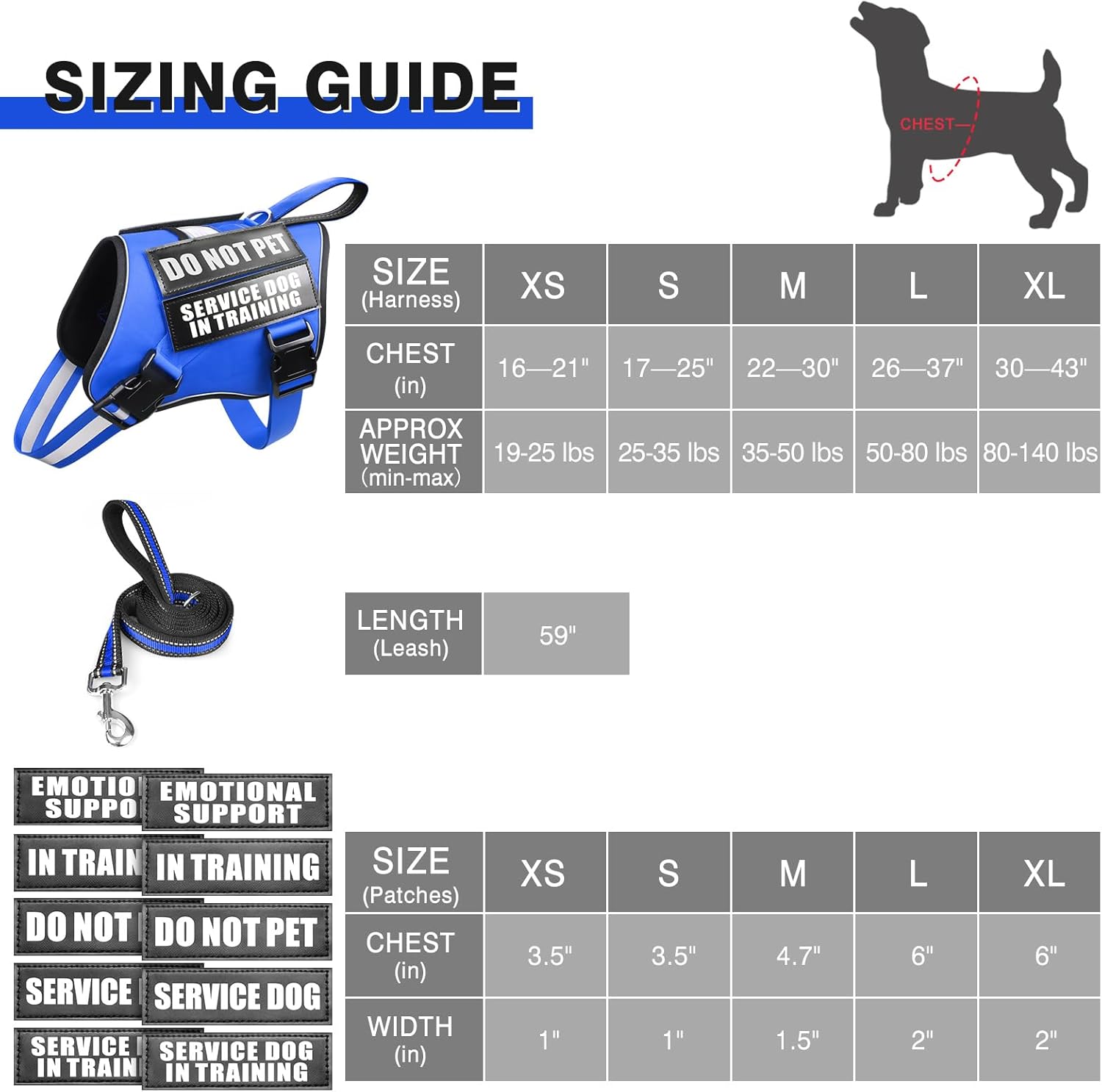 Juego de arnés y correa para perro, chaleco de entrenamiento para perro con 10 parches de velcro, arnés de chaleco de terapia de apoyo emocional
