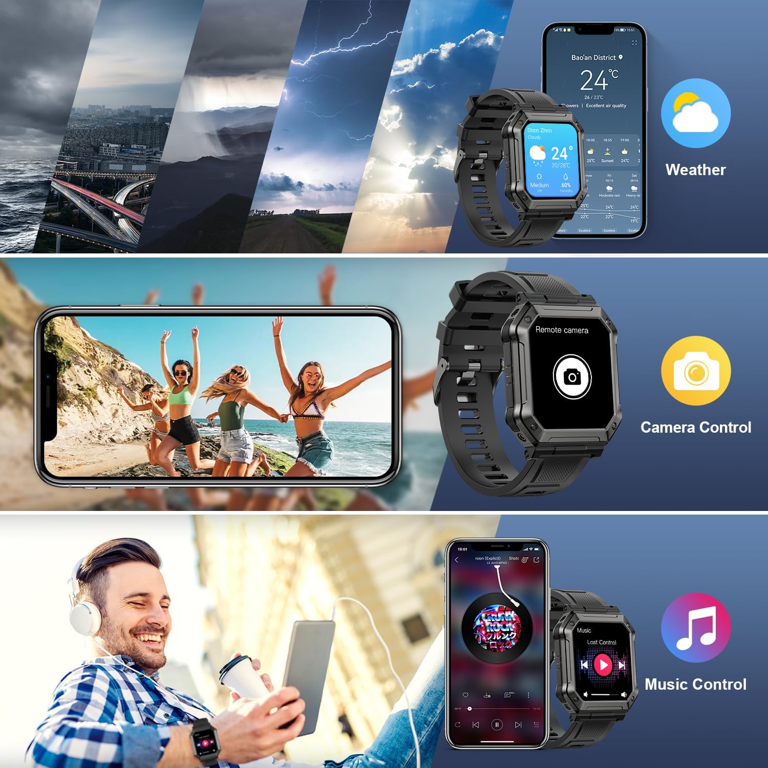 Reloj inteligente para hombre, rastreador de ejercicios (llamadarespuesta de llamadas) Bluetooth Militar Smartwatch para teléfonos Android, iPhone,