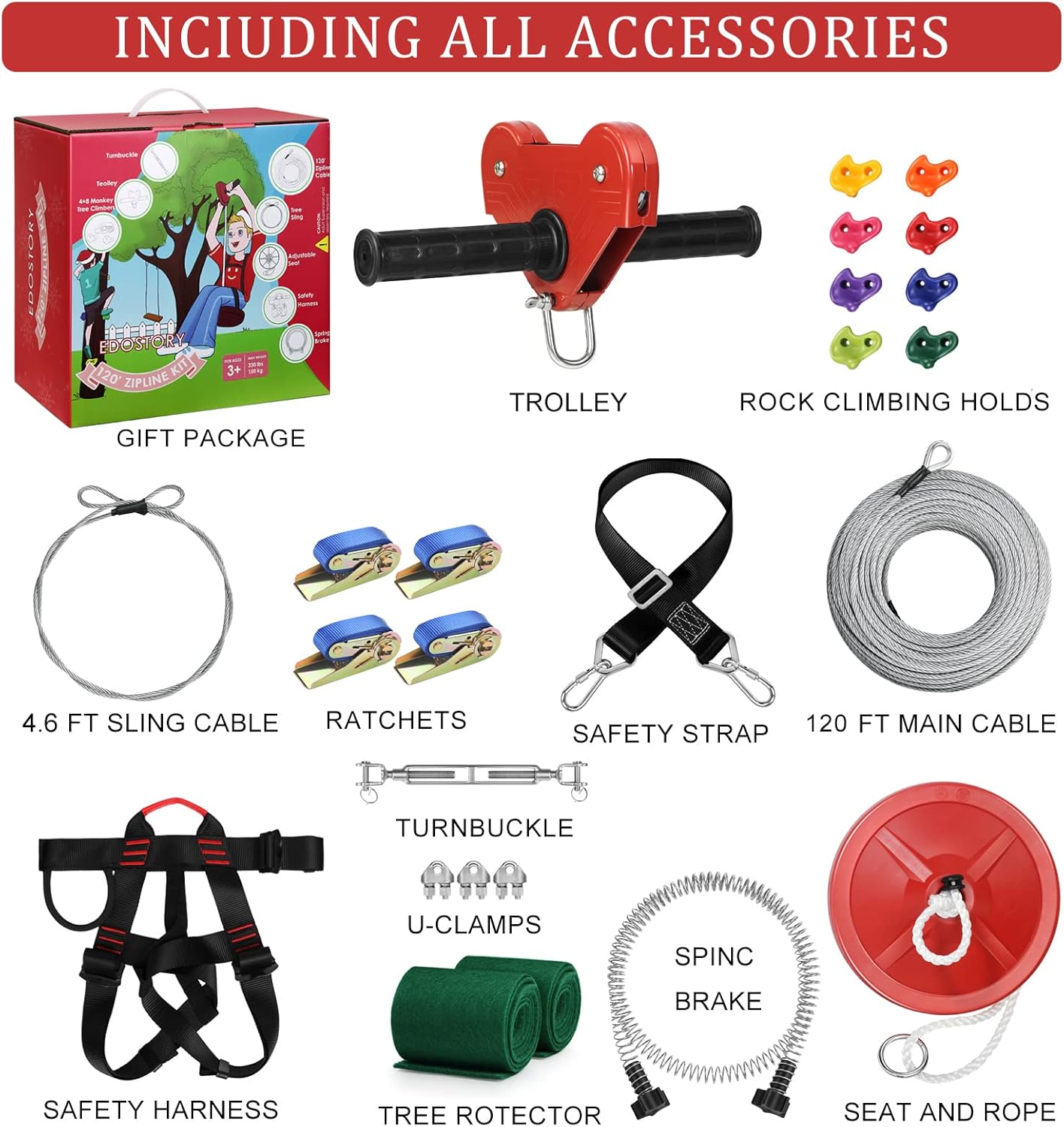 EDOSTORY Kit de tirolesa para patio trasero de 120 pies para niños y adultos, al aire libre, cremallera de hasta 330 libras con freno de resorte y