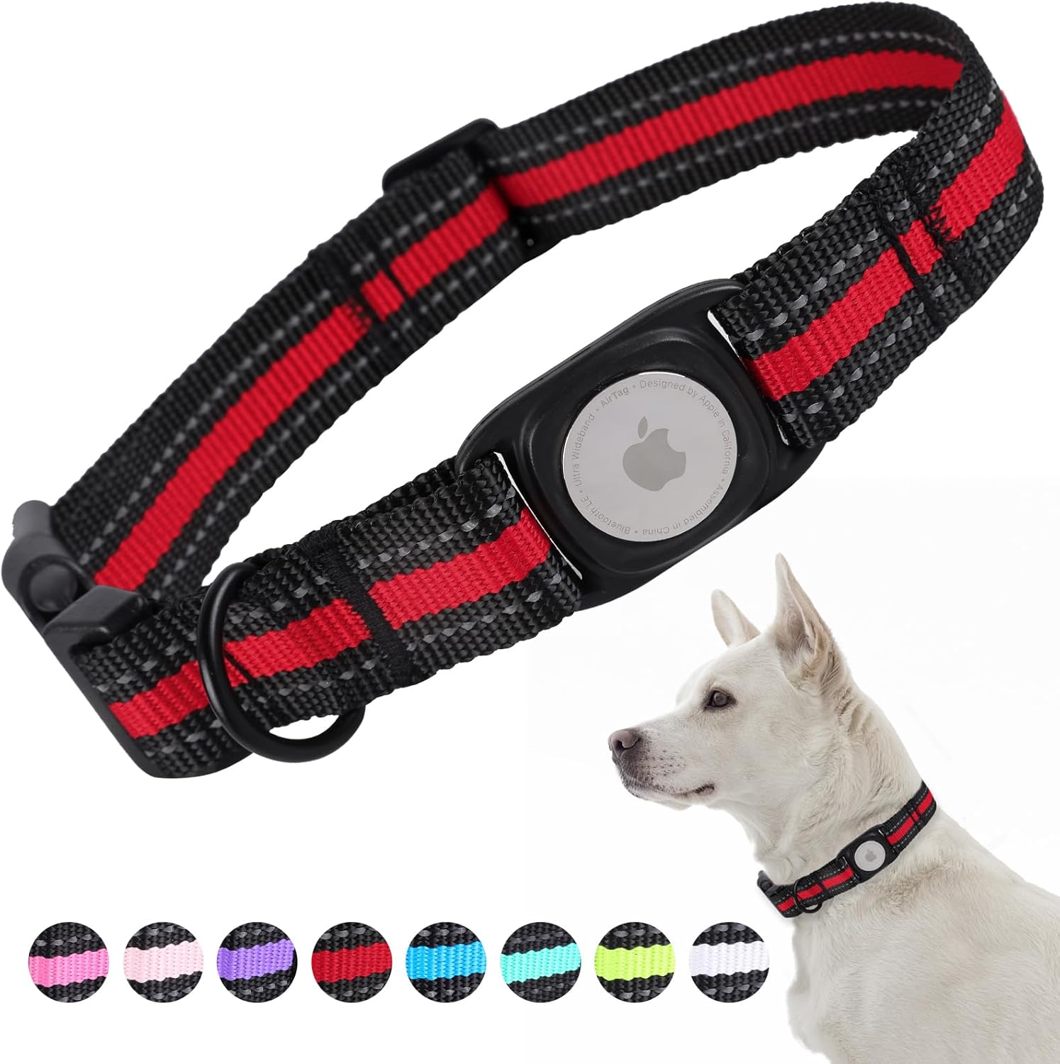 ARING PET Collar reflectante para perro, collar de perro Airtag ajustable, collares de perro rojos de nailon ligero con soporte para Airtag