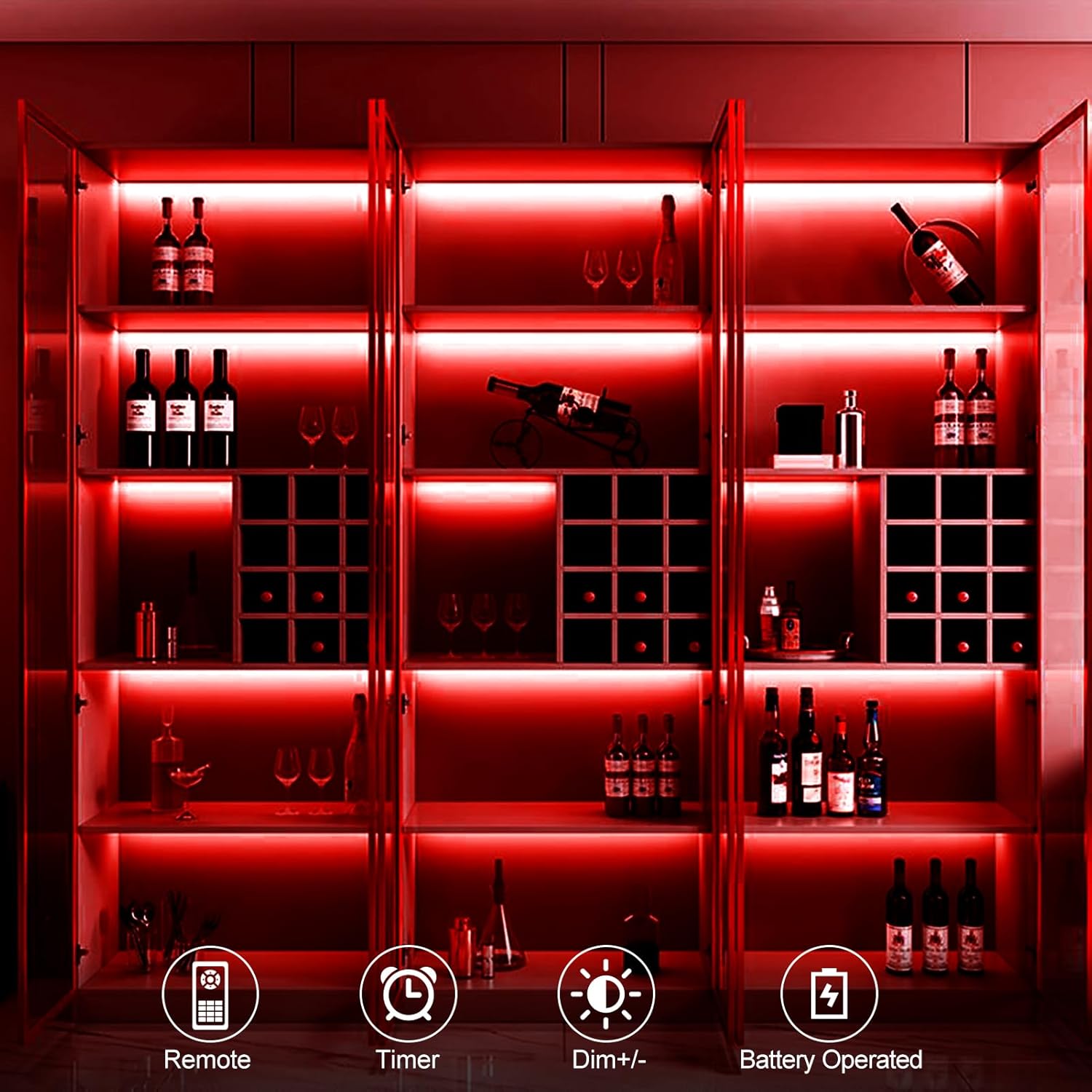 echosari Tira de luces LED alimentadas por pilas, 90 luces LED rojas 2835 SMD de 9.8 pies, tira de luces autoadhesivas cortables con temporizador