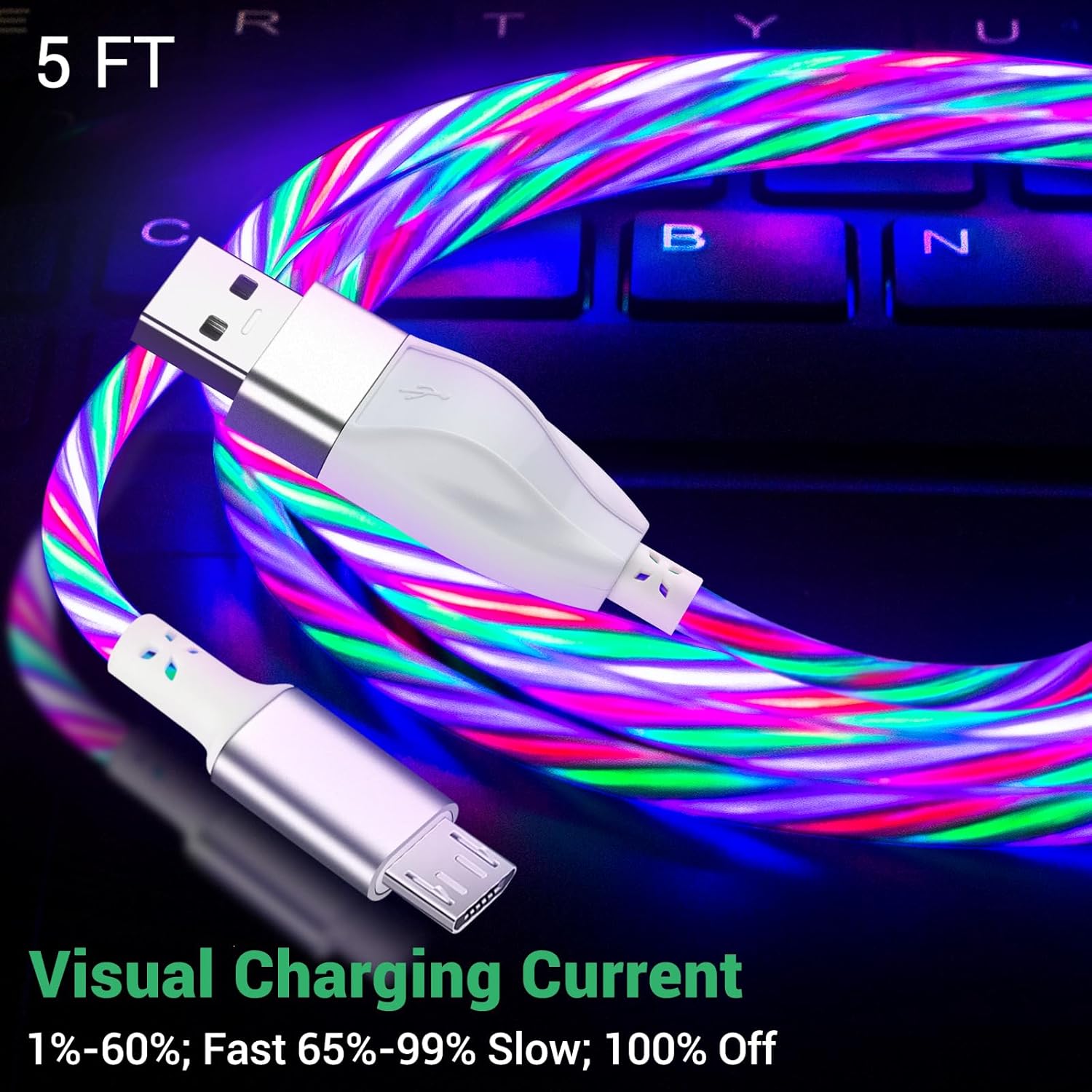 Aolcev Cable USB-A a Micro USB, cable de carga rápida brillante de 5 pies, cable de carga de velocidad de transferencia de 480 Mbps, cable micro USB