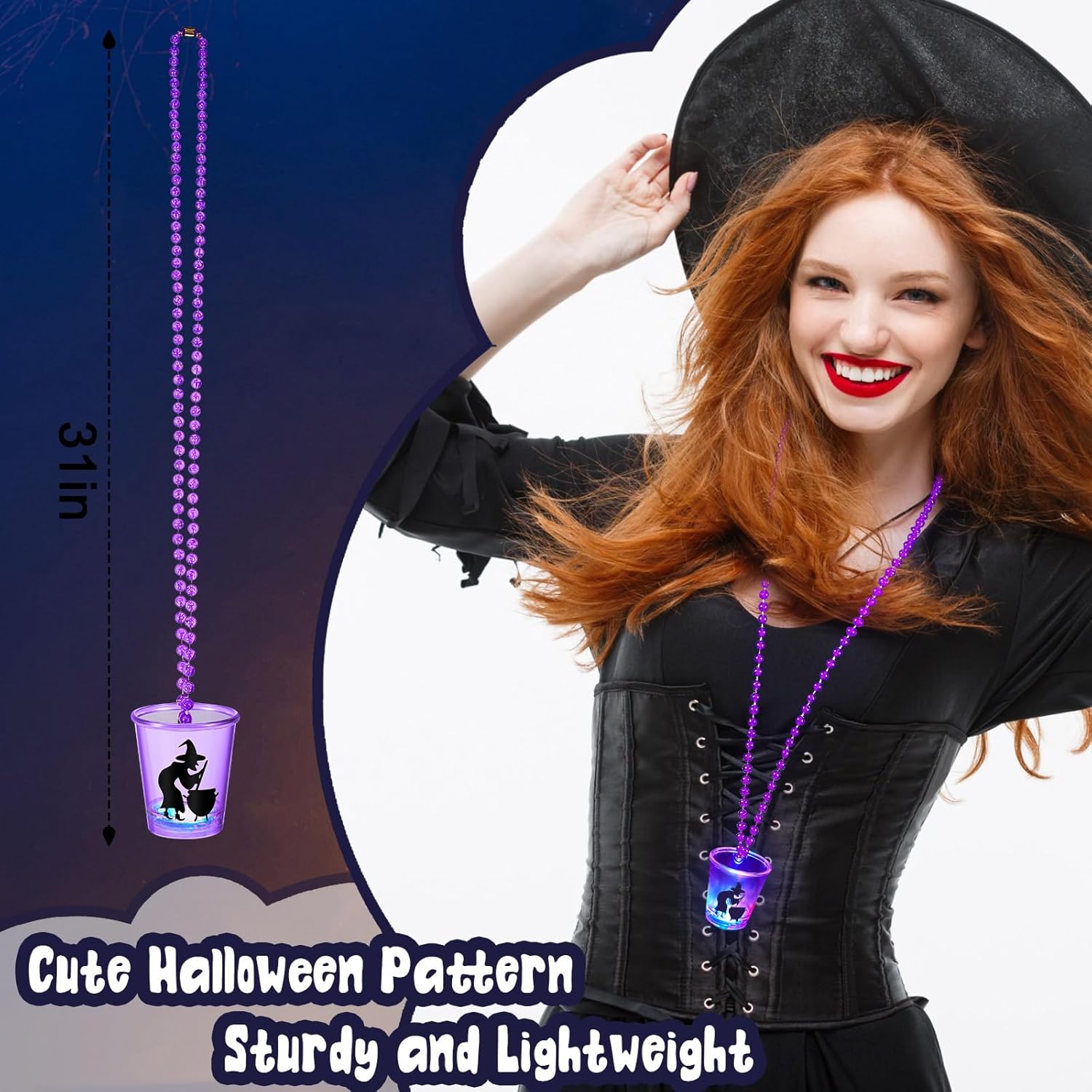 12 piezas de cristal de chupito de Halloween con luz LED, collar de cuentas, vasos de chupito de plástico que brillan en la oscuridad, collares de