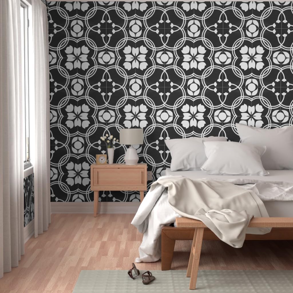 Spoonflower Muestras de papel tapiz para despegar y pegar, azulejos modernos de granja tradicionales, azulejos españoles tradicionales negros y