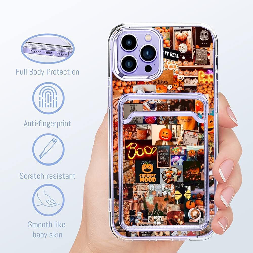 Funda estética para iPhone 14 Pro Max con tarjetero, diseño de calabaza retro, diseño moderno y moderno, funda de regalo de TPU suave para iPhone 14