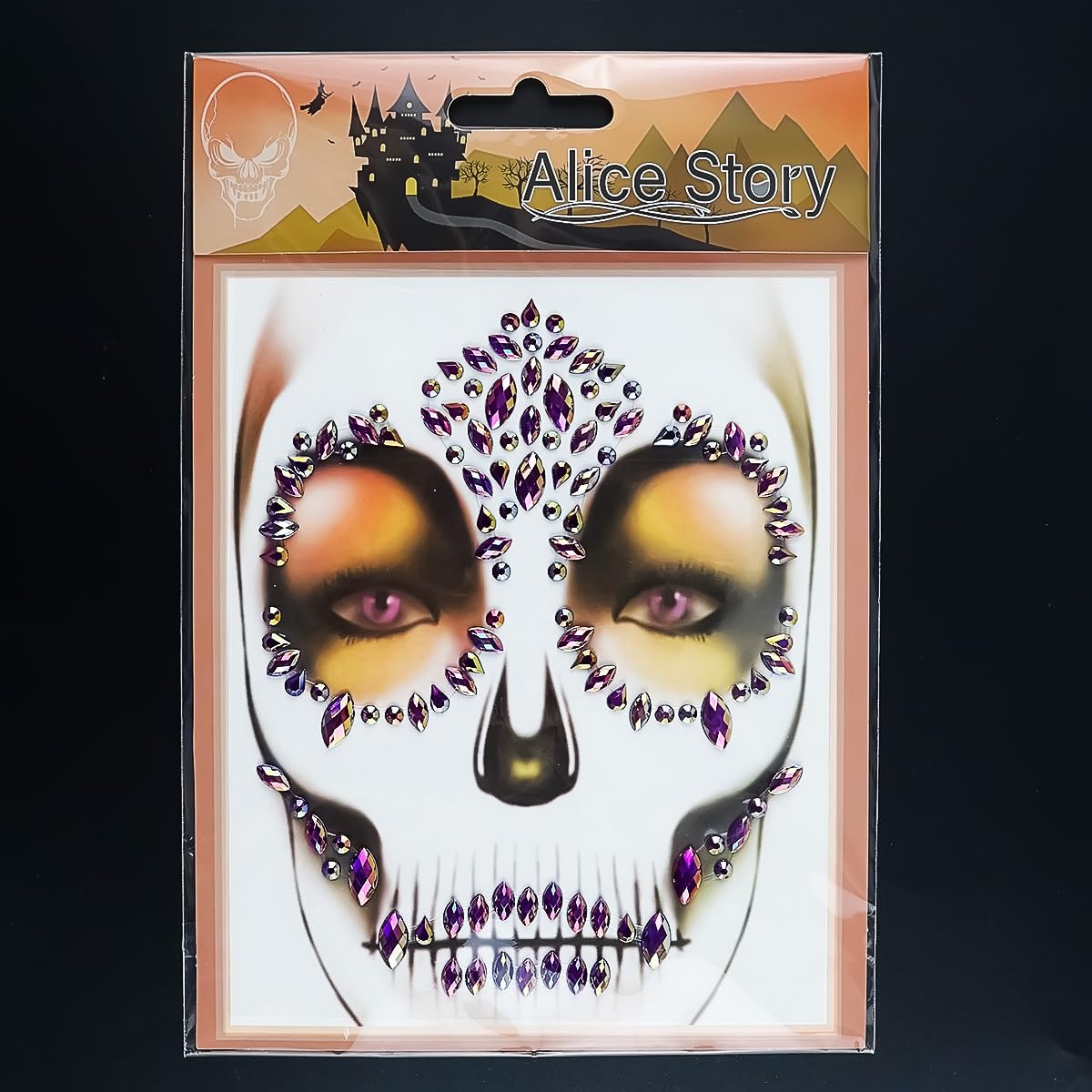 Day of the Death – Joyas de gemas faciales de calavera, tatuajes temporales para Halloween, diamantes de imitación falsos, joyería púrpura para