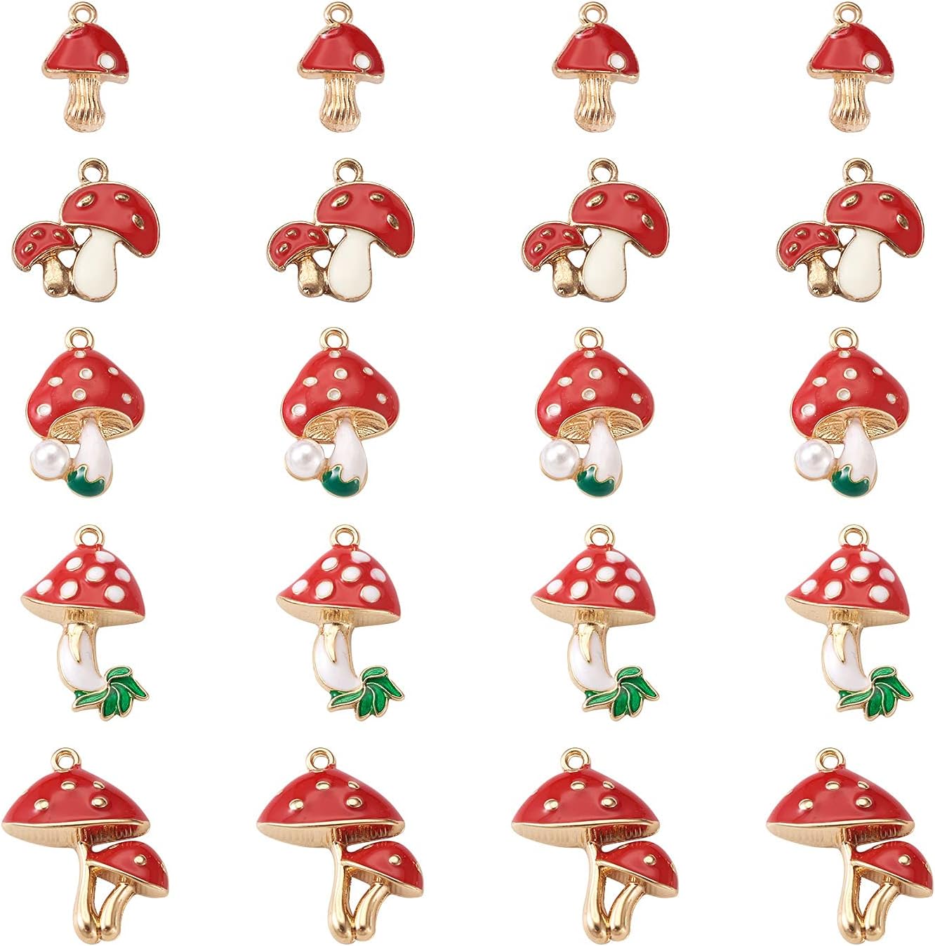20 dijes colgantes de hongos esmaltados de aleación, 5 formas, hongo rojo con perlas de imitación de resina de 0.906 x 0.610 in para pulseras,