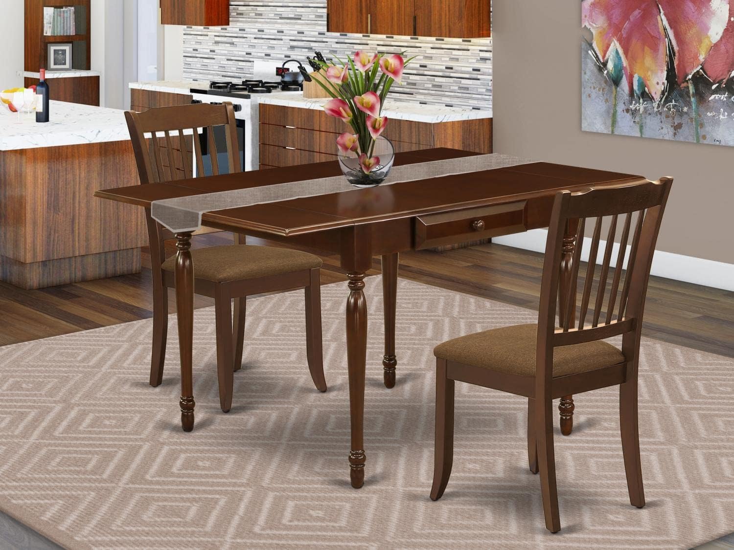 East West Furniture MZDA3-MAH-C Monza – Juego de cocina de 3 piezas para espacios pequeños que contiene una mesa de comedor rectangular con gotas y