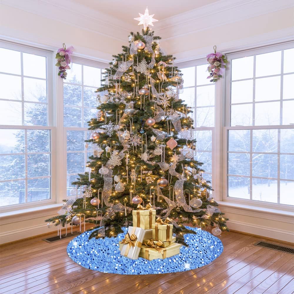 Falda de árbol de Navidad, color azul bebé, 36 pulgadas, falda de árbol de lentejuelas con purpurina, falda de árbol de terciopelo azul claro, falda